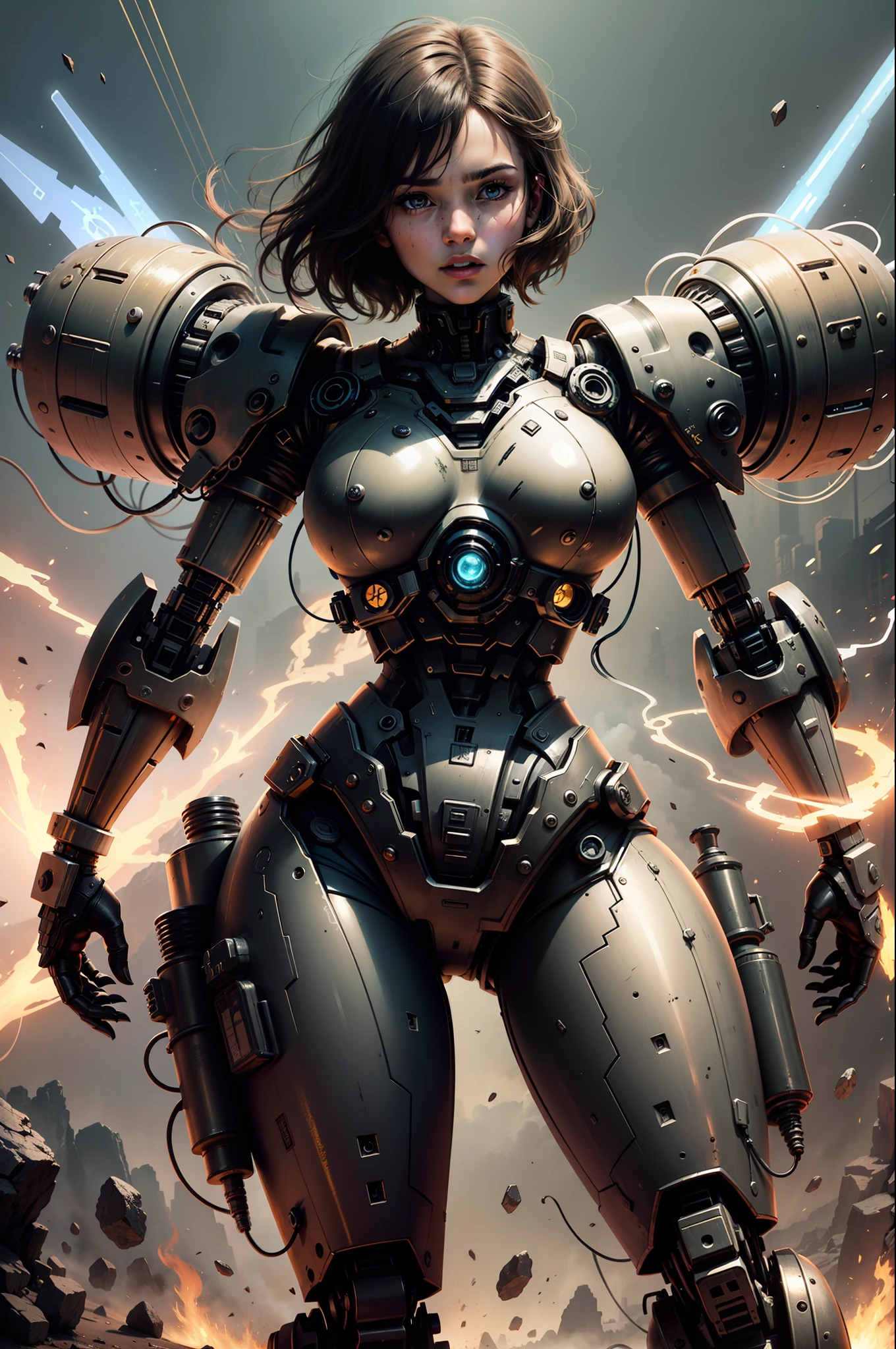 Eighteen-year-old girl，whaite hair，Golden pupils，Beast Girl，mechs，Futuristic fantasy，sense of science and technology，Wasteland，handheldweapons，The expression is grim，short detailed hair，The halo，quadratic element