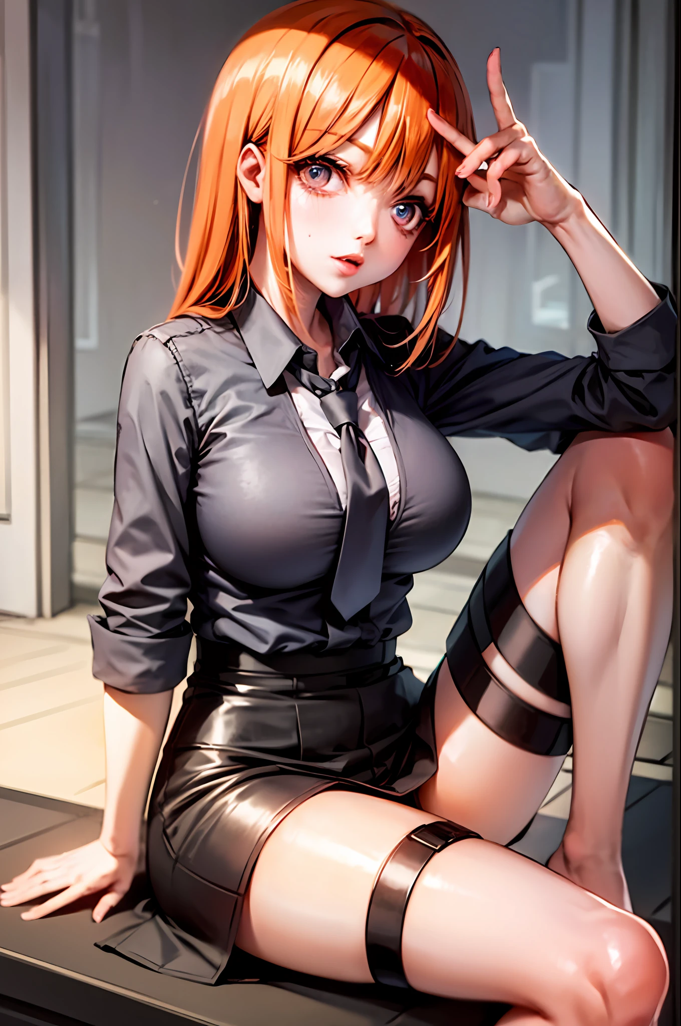 (Prominence in Masterpiece, Best Quality: 1.2), solo, 1 girl, yotsuba nakano, serious, mouth closed, looking at viewer, hand on face, sitting, legs crossed, collared shirt, tie up, skirt, stockings , big thighs, big breasts)