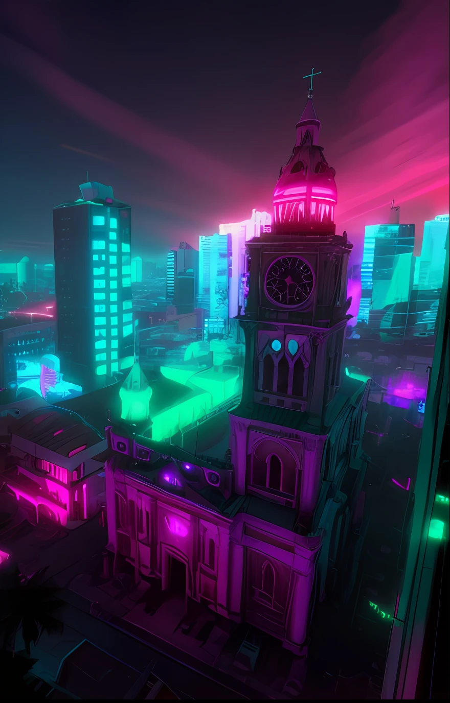 catedral, igreja cyberpunk, Futuristic construction, Neon light, Cyberpunk, Cyberpunk buildings in the background, fundo desfocado, UHD, detalhada