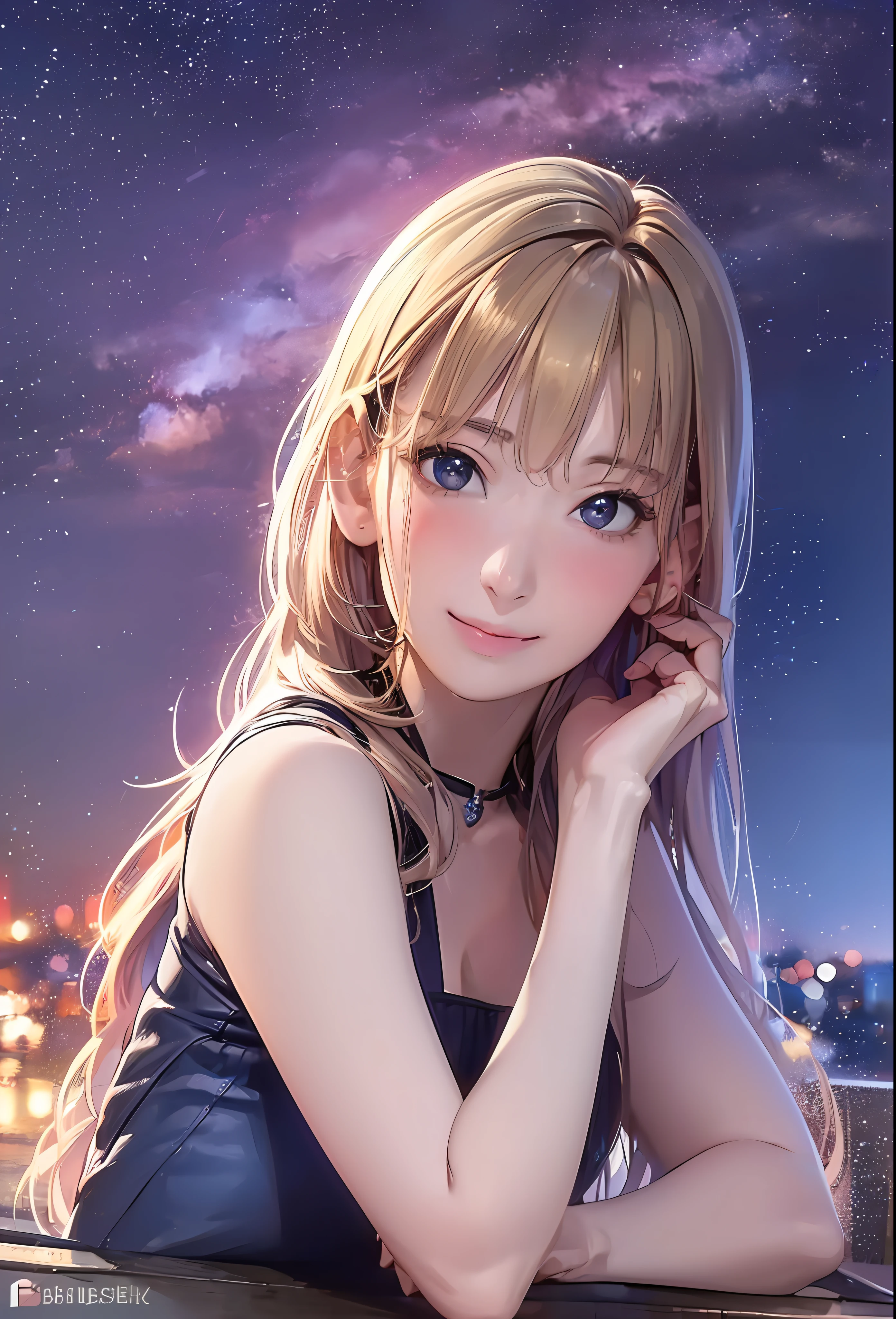 (8K, Best quality, Masterpiece:1.2), (Realistic, photo-realistic:1.37), Ultra-detailed, 1 girl,Cute, Solo,midnight,Beautiful detailed sky,Detailed Cafe,Sitting,dated,(nose blush),(Smile:1.15),(Closed mouth) Small breasts,Beautiful detailed eyes,Floating hair NovaFrogStyle,Backless dress