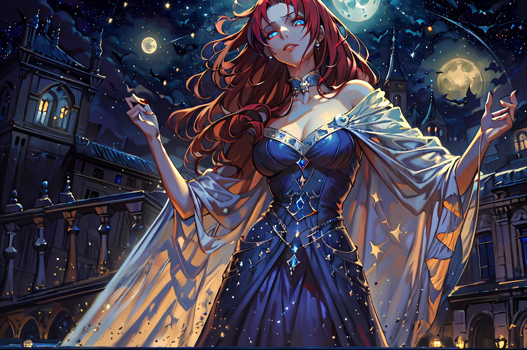 a picture of vampire  in her castle, an exquisite beautiful female vampire standing under the starry night sky on the porch of her castle, full body (ultra detailed, Masterpiece, best quality), ultra detailed face (ultra detailed, Masterpiece, best quality), grey skin, red hair, wavy hair, dynamic eyes color, cold eyes, glowing eyes, intense eyes, smirking, smile with [[drops of blood on face]] (ultra detailed, Masterpiece, best quality), dark red lips,[fangs], wearing white dress, elegant dress, exquisite dress (ultra detailed, Masterpiece, best quality), blue cloak, long cloak, flowing cloak (ultra detailed, Masterpiece, best quality), high heeled boots (ultra detailed, Masterpiece, best quality),  [[in starry night sky]], sky full of stars background, moon, bats flying about,  high details, best quality, 8k, [ultra detailed], masterpiece, best quality, (ultra detailed), full body, ultra wide shot, photorealism, dark fantasy art, gothic art, many stars, dark fantasy art, gothic art, sense of dread,