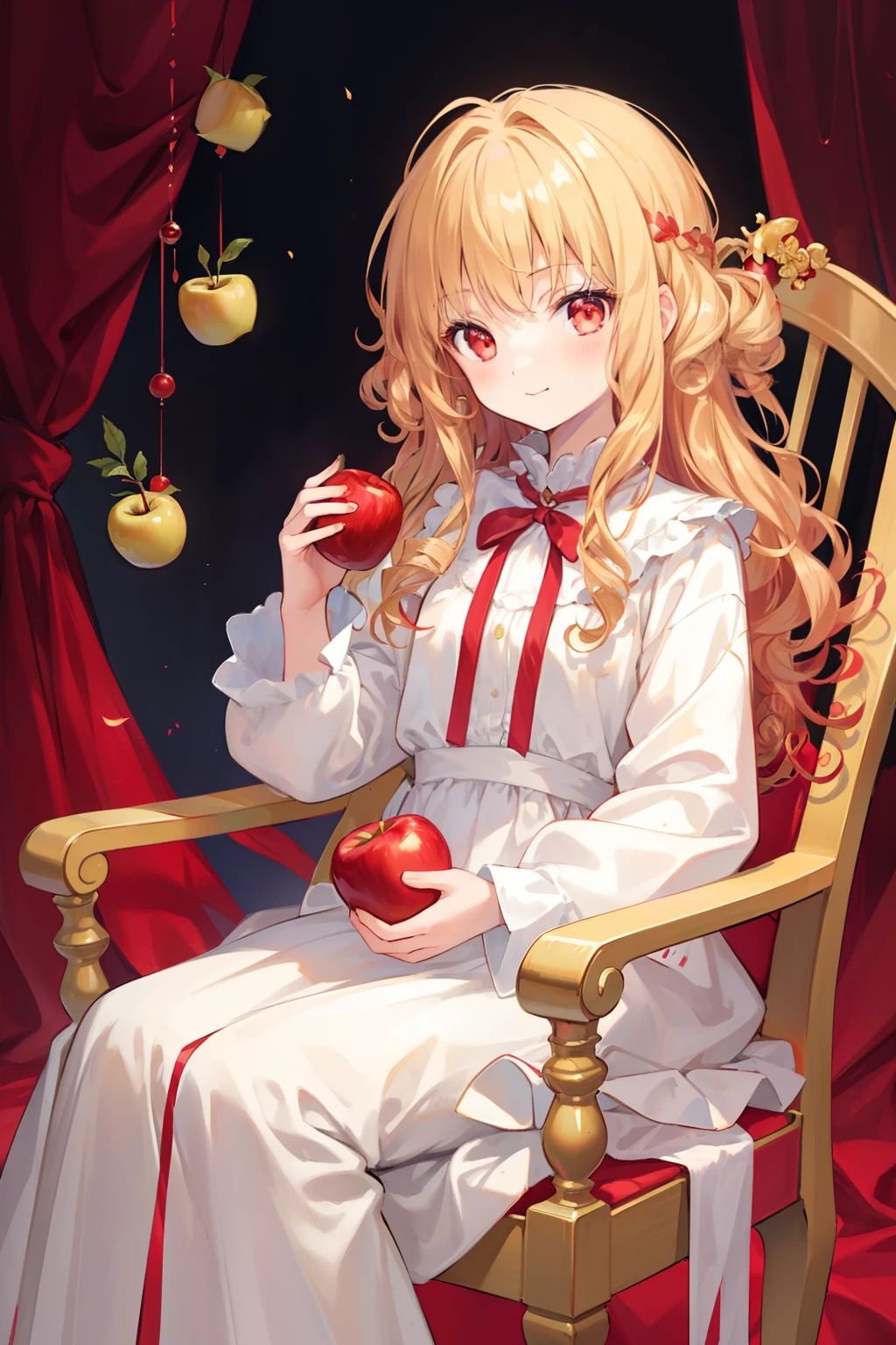 masterpiece, hyper quality, 1girl, solo girl, light gold hair, red eyes, round eyes, ((curly hair)), long hair, a white dress, ribbons, long sleeves, holding an apple, a bitten apple, sitting on the chair, little smiling, a small smile, little dark background