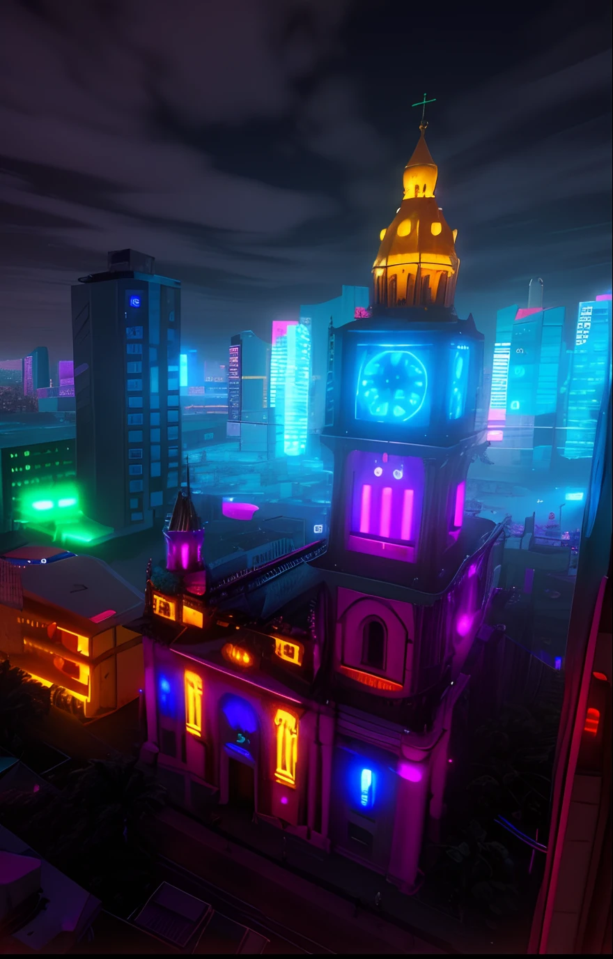 catedral, igreja cyberpunk, Futuristic construction, Neon light, Cyberpunk, Cyberpunk buildings in the background, fundo desfocado, UHD, detalhada