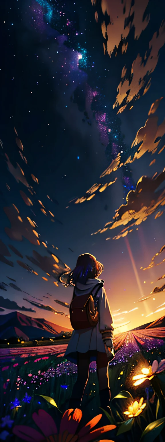 A wide landscape photo, (viewed from below, the sky is above, and the open field is below), a girl standing on a flower field looking up, (full moon: 1.2), (meteor: 0.9), (nebula: 1.3), distant mountains , Trees BREAK Crafting Art, (Warm Light: 1.2), (Firefly: 1.2), Lights, Lots of Purple and Orange, Intricate Details, Volumetric Lighting BREAK (Masterpiece: 1.2), (Best Quality), 4k, Ultra Detailed, (Dynamic Composition: 1.4), Rich in Detail and Color, (Rainbow Color: 1.2), (Glow, Atmospheric Lighting), Dreamy, Magical, (Solo: 1.2)