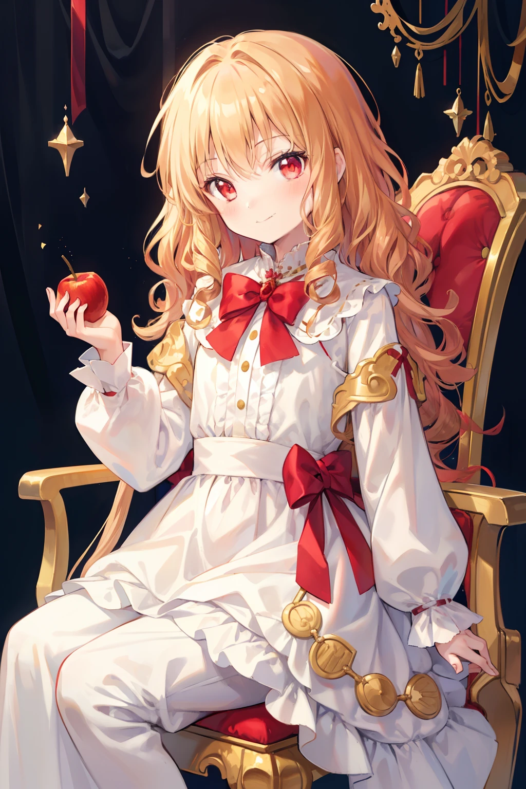 masterpiece, hyper quality, 1girl, solo girl, light gold hair, red eyes, round eyes, ((curly hair)), long hair, a white dress, ribbons, long sleeves, holding an apple, a bitten apple, sitting on the chair, little smiling, a small smile, little dark background