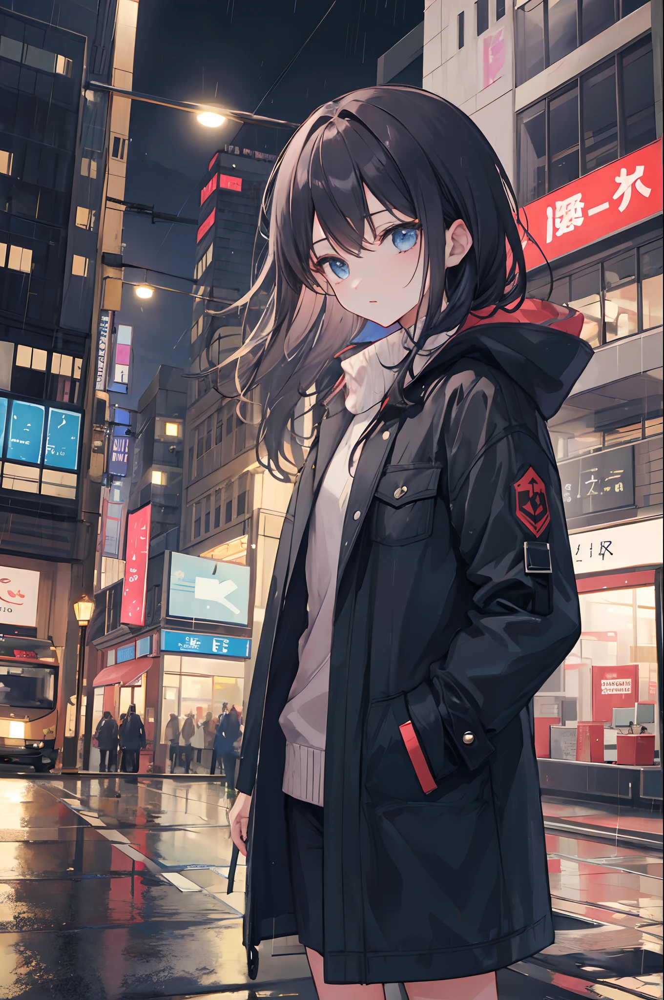 1girl, Night City, rain, coat, hands in pockets