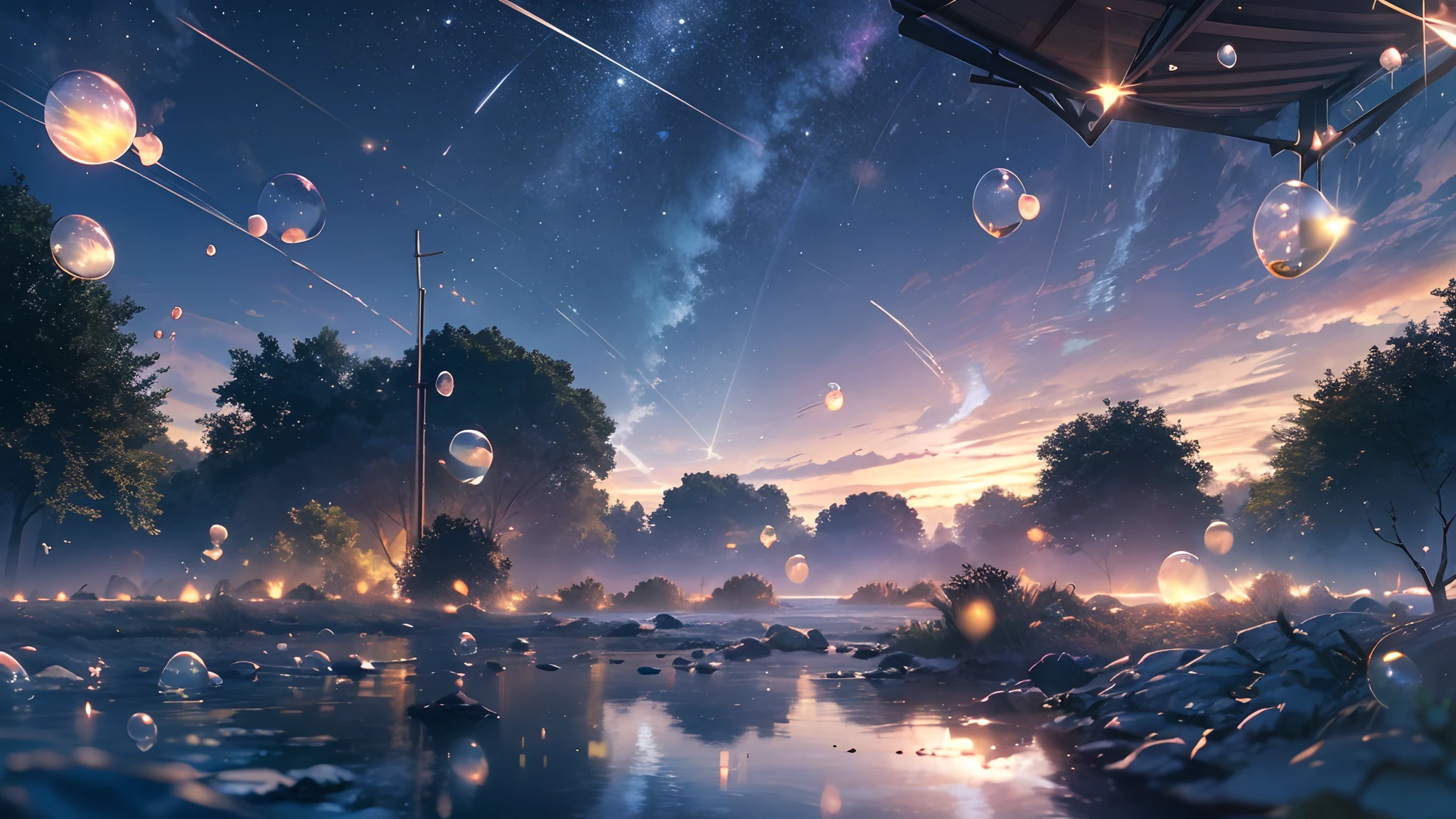Pictures of starry skies, (Best quality), (masterpiece), (photorealistic), (realistic), ultra-detailed, unity 8k wallpaper, extremely detailed CG, ray tracking, sharp shadows, wonderful details, depth of field, Ultra detailed background, (background oriented, Horizon, reflection), (starry sky twinkling in the fullness of the sky, Lots of water bubbles floating around):1.4, quiet night, midnight, wide shot, shot from the grand, back shot, from below, perfect lighting, panoramic view, dynamic shot, nature spreading out, no civilization in sight, no buildings, girls:0.2,