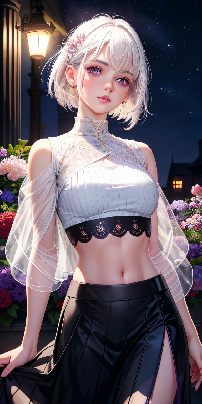 realistic, 1girl, white hair, purple eyes, glowing eyes, crop top, skirt, parted lips, blush, night, flowers, sun, sunlight,