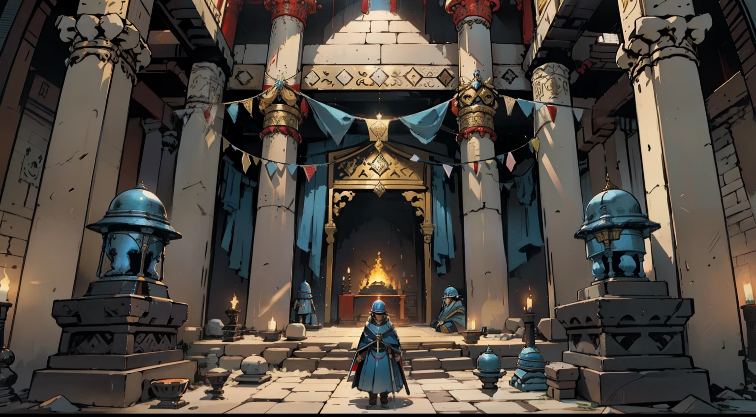 three sided view, Persian king with crown and long Blue cloak pray in the fire temple, inside the temple is big fireplace, 10 guardians with helmets and Long spears behind the king