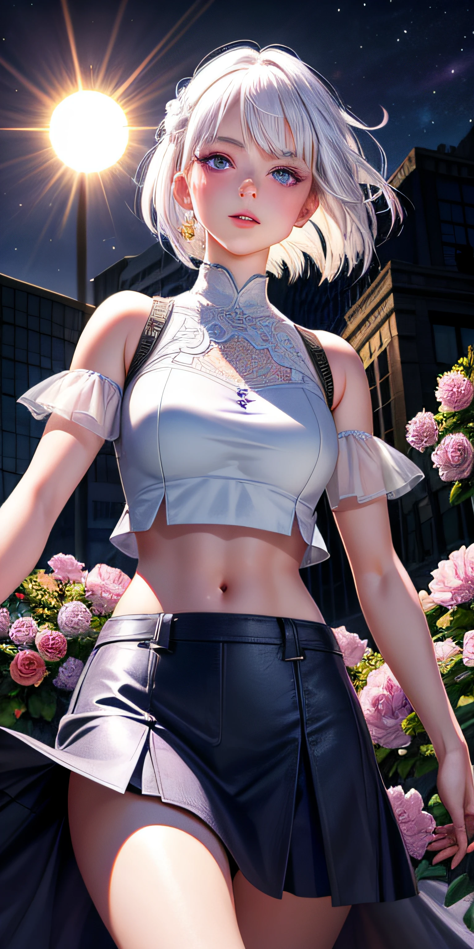 realistic, 1girl, white hair, purple eyes, glowing eyes, crop top, skirt, parted lips, blush, night, flowers, sun, sunlight,