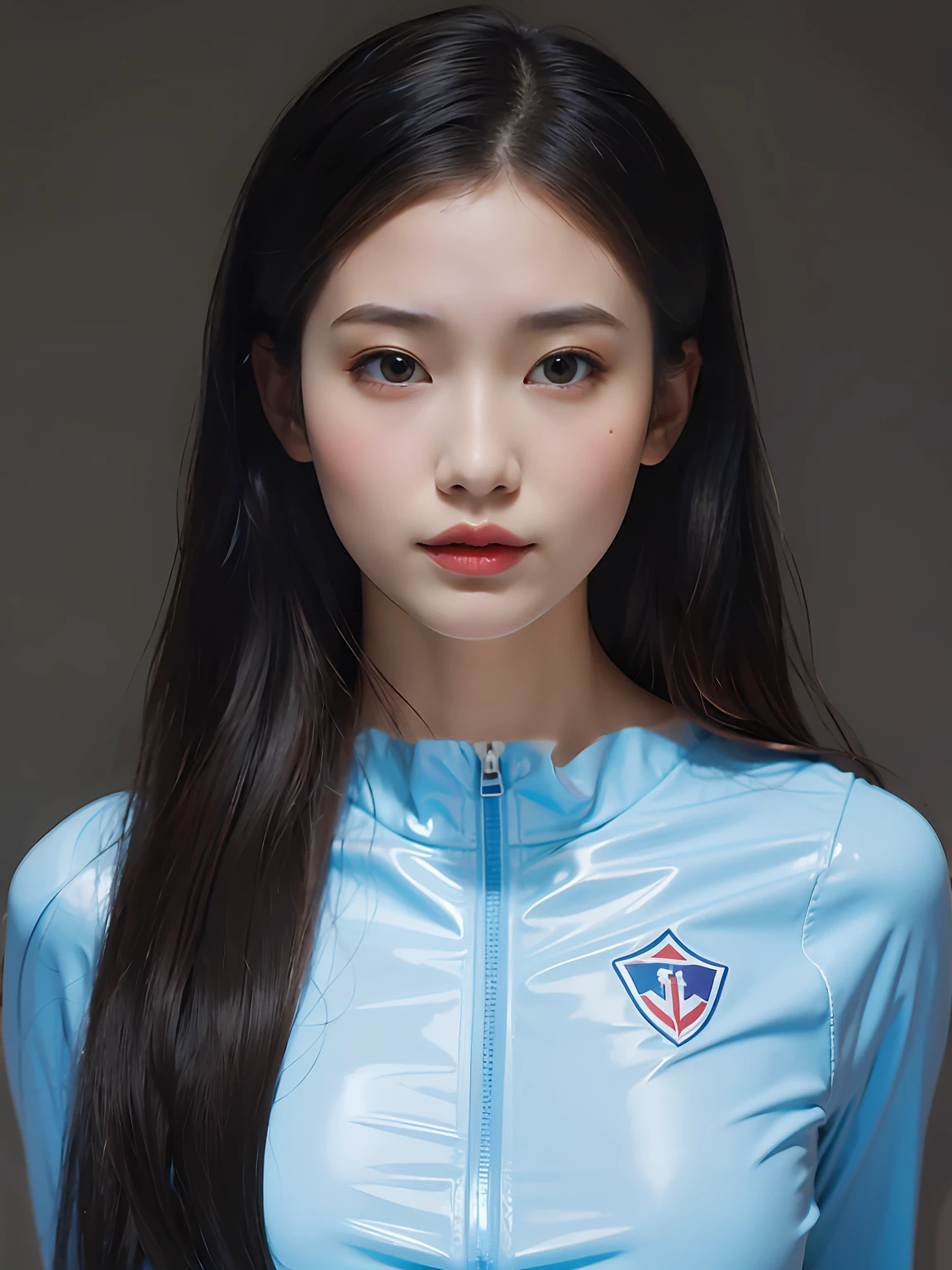 A girl PVC,Wearing a blue turtleneck tracksuit,