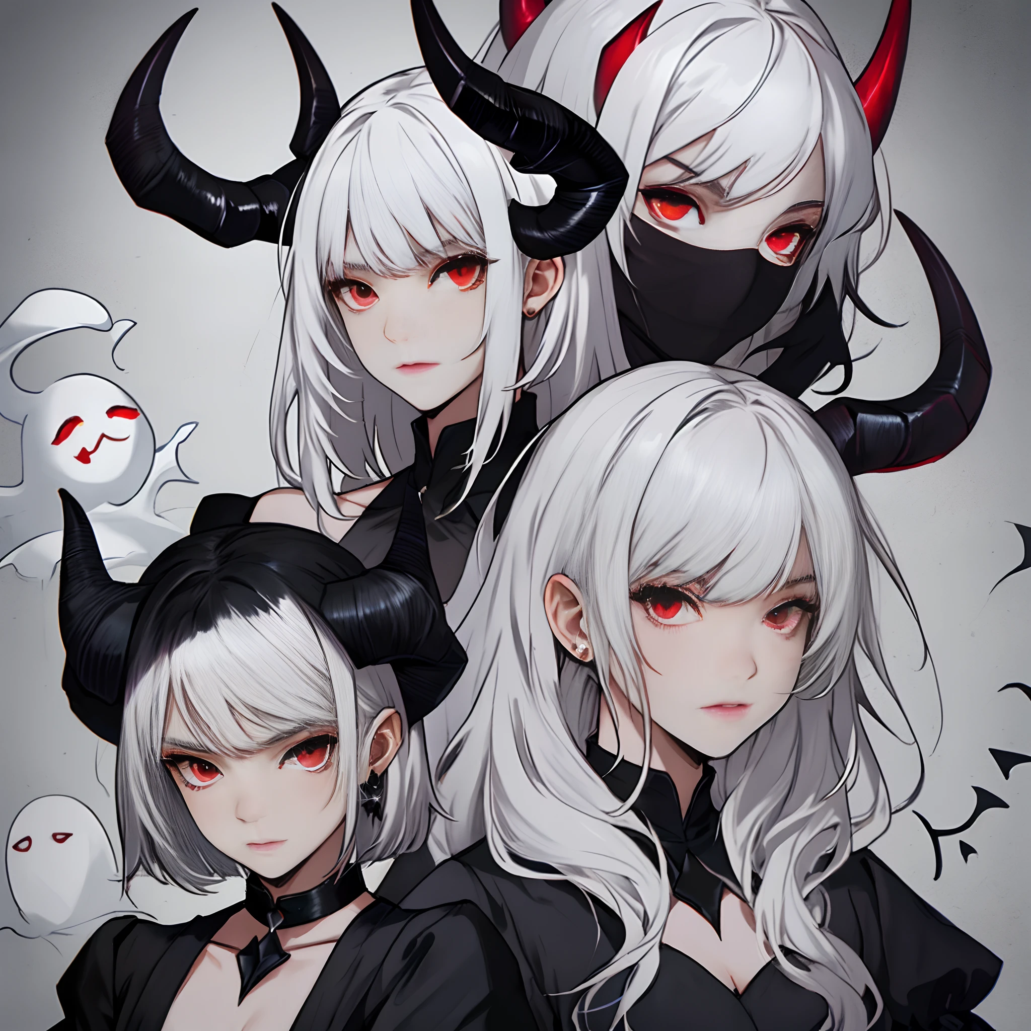Girl with white hair and red eyes. Bob hairstyle. demonic horns. black dress. ghotic style