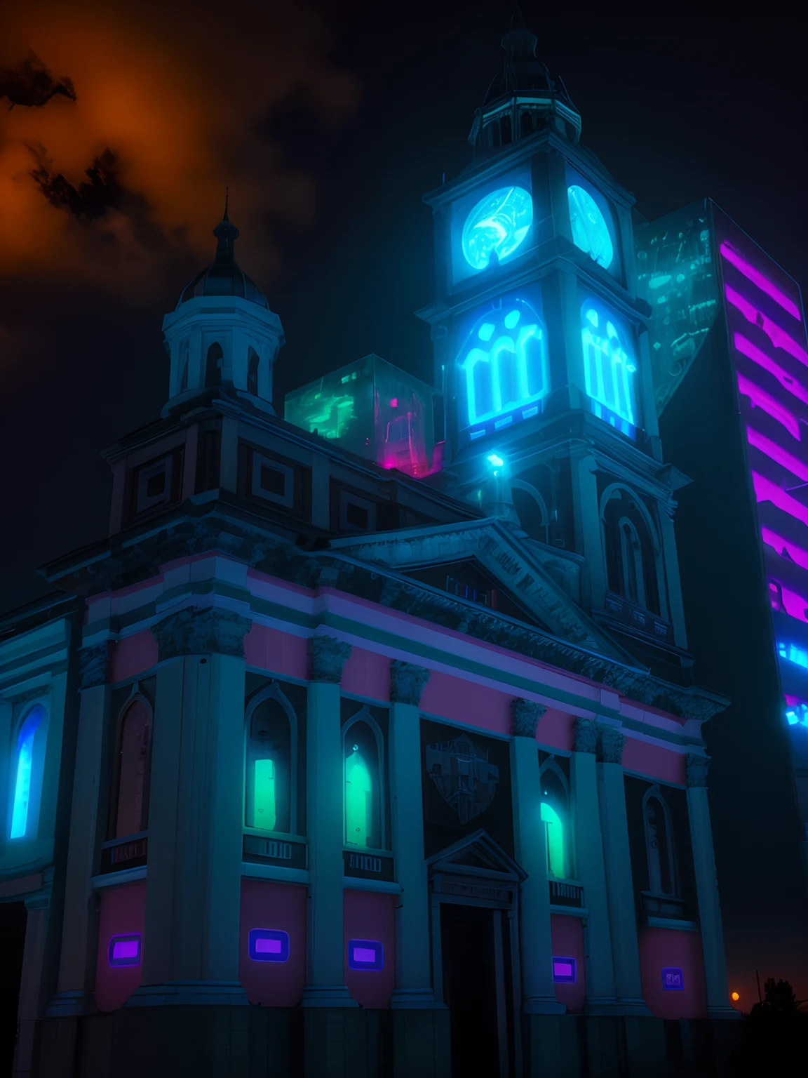 catedral, igreja cyberpunk, Futuristic construction, Neon light, Cyberpunk, Cyberpunk buildings in the background, fundo desfocado, UHD, detalhada