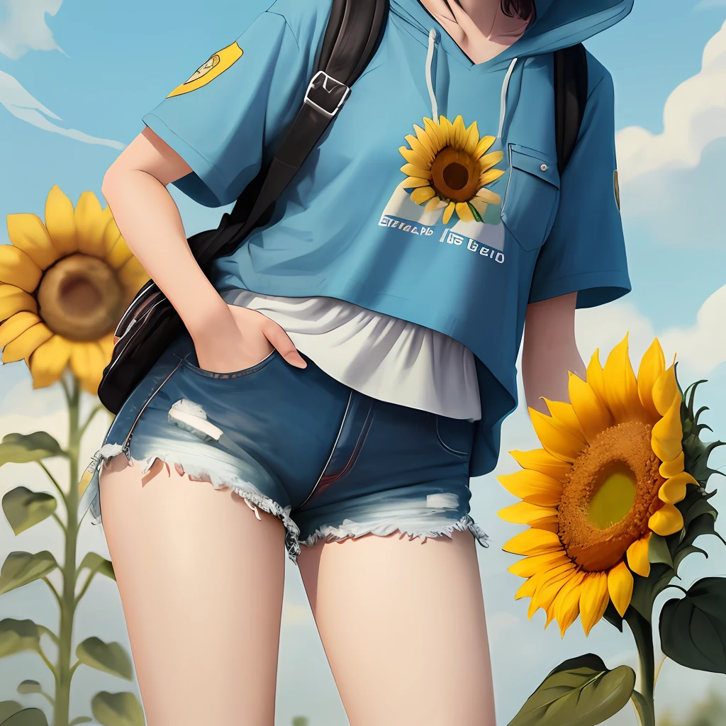 Two-dimensional girl,The style is taken from the day《Odd Egg Story》,Has short blue hair,With dull hair,The hairstyle is messy,There is a hairpin on the left side of the hair,The left eye is yellow,The right eye is blue,Dressed in yellow with a sunflower hood on the front,The texture of the clothes is similar to cotton,There are pockets at the front of the clothes,Wear light blue shorts,Wear white shoes