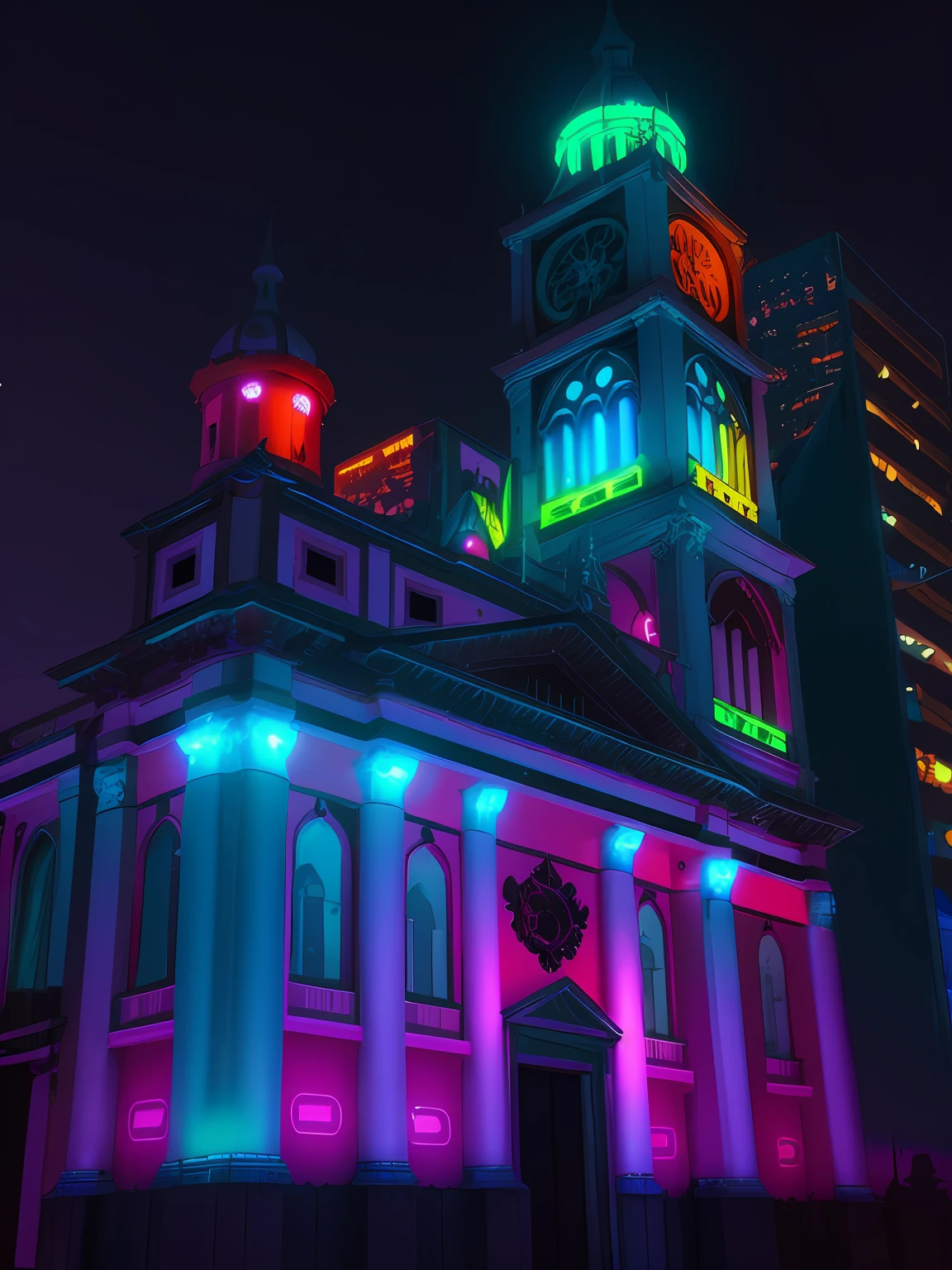 catedral, igreja cyberpunk, Futuristic construction, Neon light, Cyberpunk, Cyberpunk buildings in the background, fundo desfocado, UHD, detalhada
