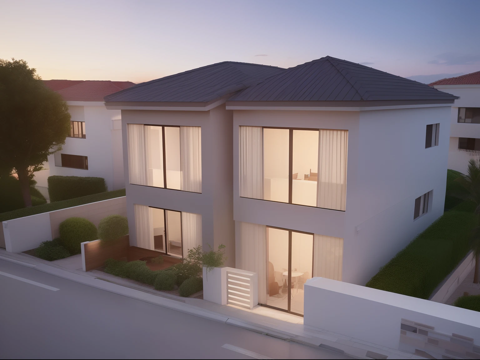 Rendering Residential construction, with 3D rendering, ultra realista, right Angle isometric view, 45 degree angle, ( Sunset backlighting), estilo filme, residencia terrea, paredes modernas, glasses windows, not surrounded by walls, jardim frontal.