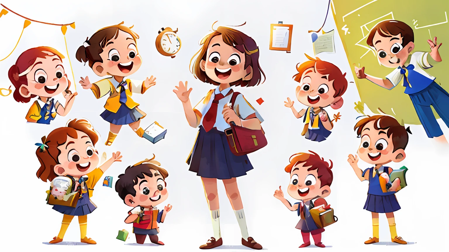 Teacher and school students (in school uniform)
They are standing side by side and waving to us
With a smile and happy. White background.