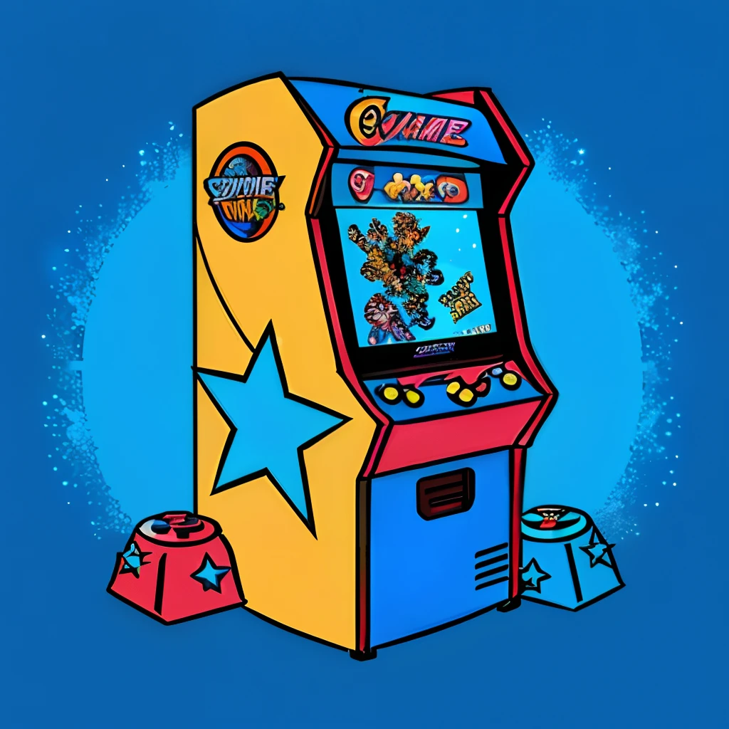 Cartoon-style video game console with blue screen and stars, Arcade games, Arcade consoles, Arcade cabinets, video game item, Arcade consoles, Mobile game art, video game icon design, game icon stylized, video game icon, Retro game, retro game 1 9 8 0 style, Game icon, mobile game style, 1990s arcade game console