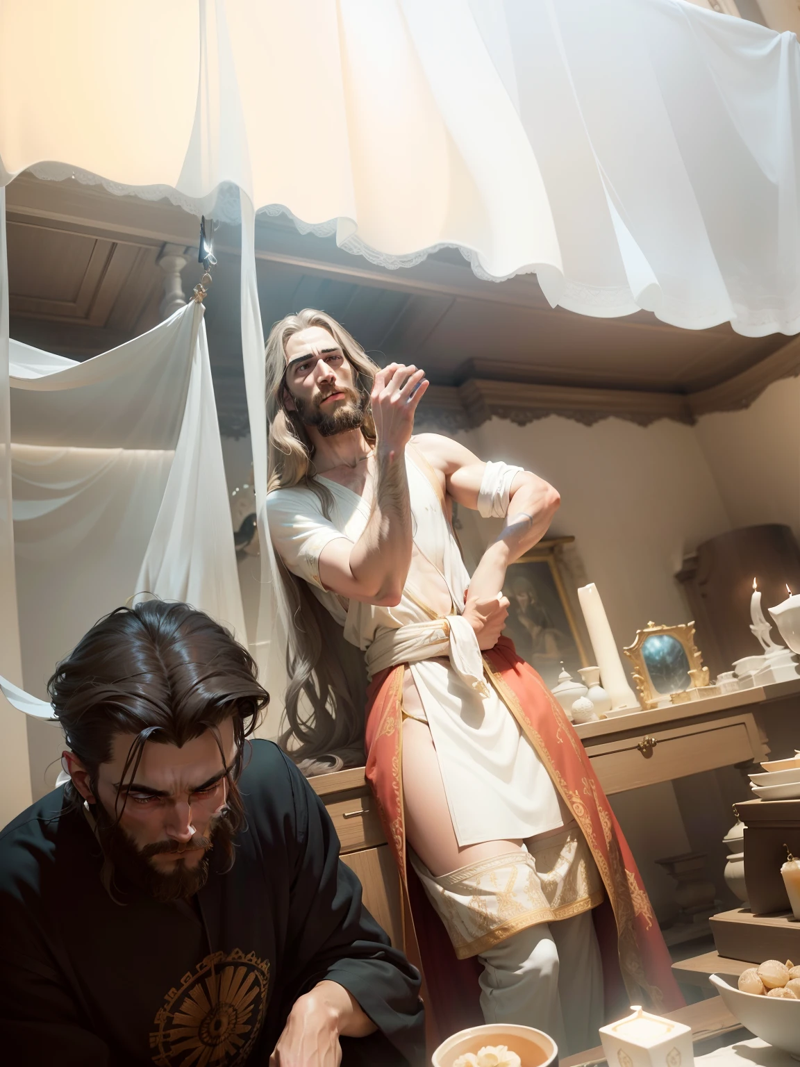 (symetry),Centered,A ((Close)) Upward portrait,(Jesus),A very thin white man,with long hair and beard,Wearing a long white robe,35mm,Natural skin,clothes details, 8K texture, 8K, insanely details, Intricate details, Ultra-detailed and highly detailed,Realistic,Soft cinematic light,hdr,Sharp focus, ((((Cinematic look)))),Intricate, elegant, Highly detailed