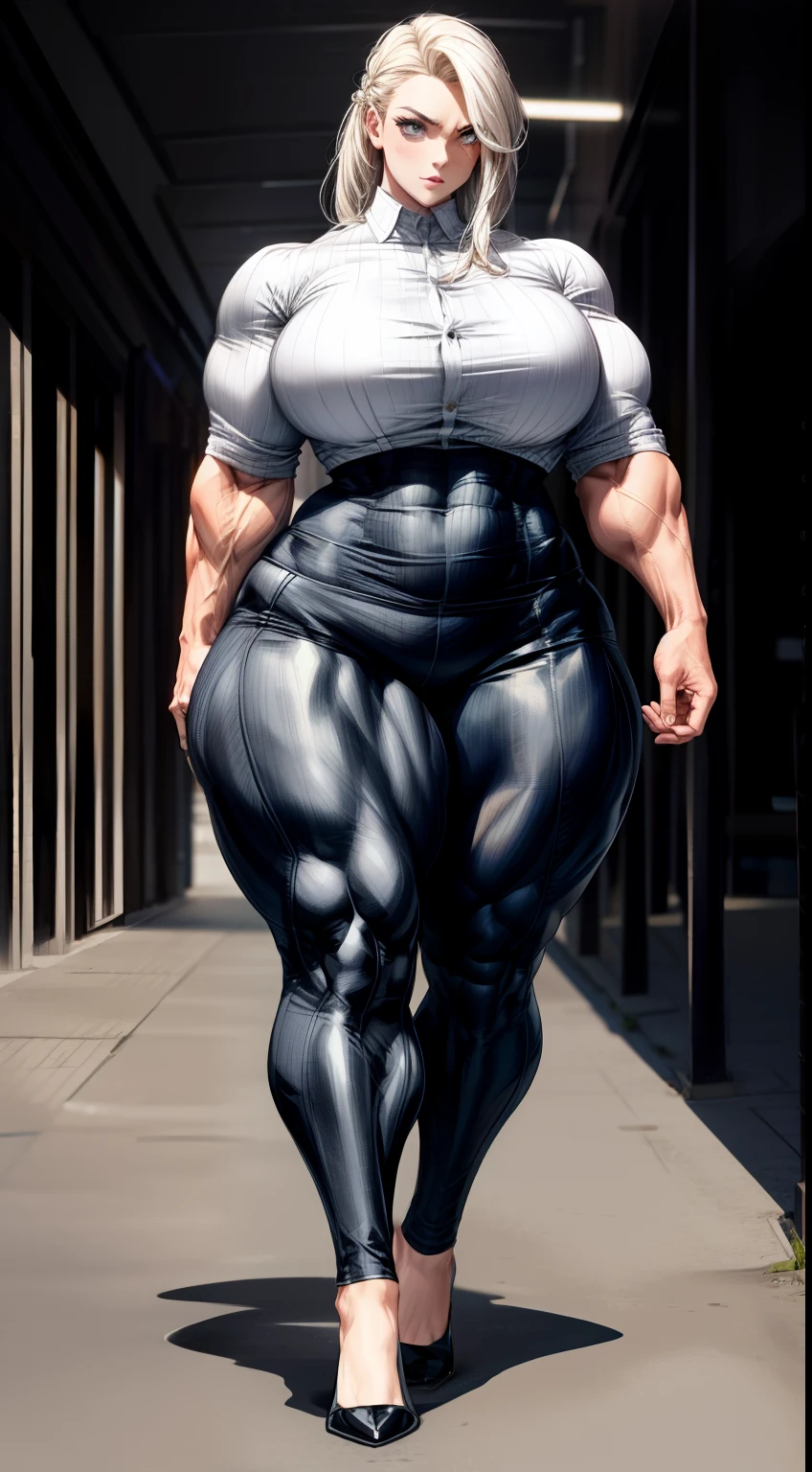 tmasterpiece,(Full body like:1.1),Burly woman,Exaggerated large muscles,walking pose,,Beautiful and charming Nordic woman face,Business shirts,hot pant,Stockings,Pointed-toe heels,1female,Thin waist,Very broad shoulders,Strong and powerful arms,Stout arms,Thick and powerful leg muscles,Very thick calves,long leges,looking to the camera
