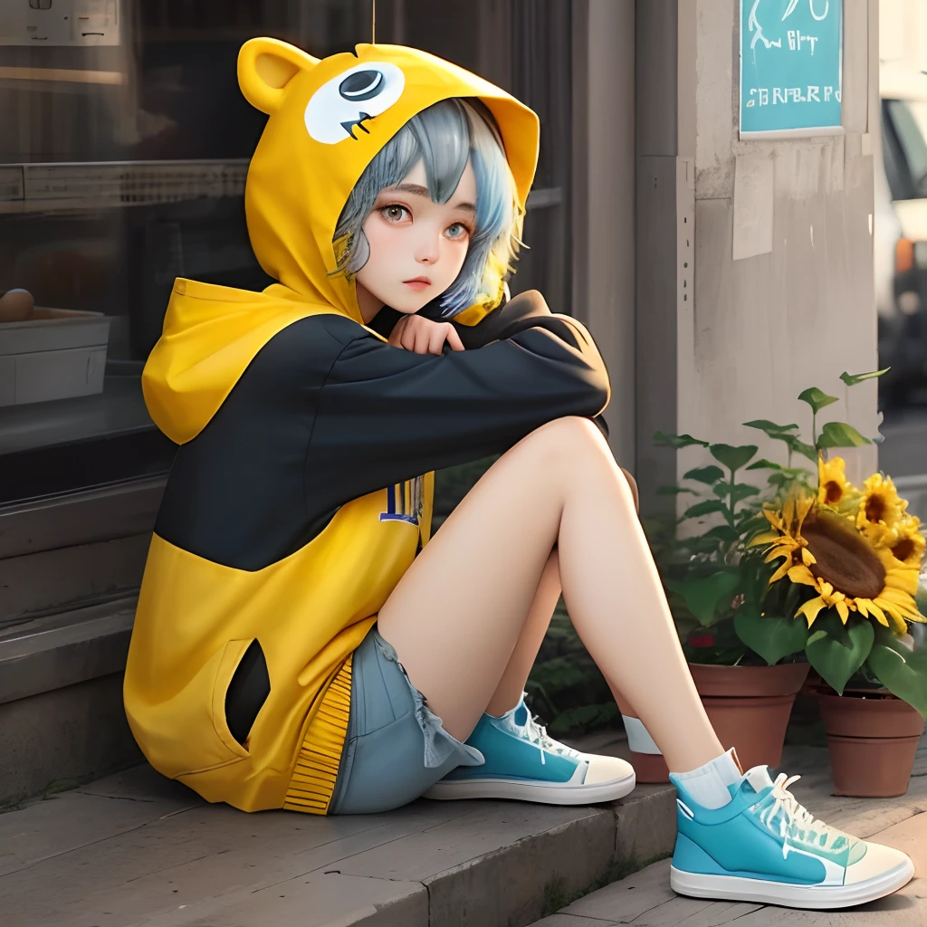 Two-dimensional girl,The style is taken from the day《Odd Egg Story》,Has short blue hair,With dull hair,The hairstyle is messy,There is a hairpin on the left side of the hair,The left eye is yellow,The right eye is blue,Dressed in yellow with a sunflower hood on the front,The texture of the clothes is similar to cotton,There are pockets at the front of the clothes,Wear light blue shorts,Wear white shoes