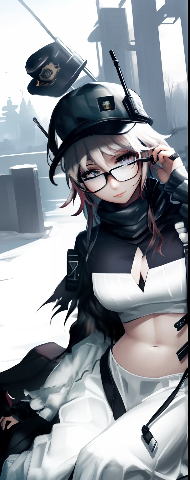 ella_（Rainbow_Six_Siege）， tmasterpiece， Best quality at best， 1girll， 独奏， disguise， hindquarters， eBlue eyes， Protective goggles， big assa， Open abdomen， Large breasts， short detailed hair， Turn Back， Earphone， Bao， looking at viewert， sun glasses， goggles on head， Camouflage panties， Military， Sat down， cparted lips， Boots， Colored glasses， baseball cap， glasses on head， cleavage，hason，Abdominal distension