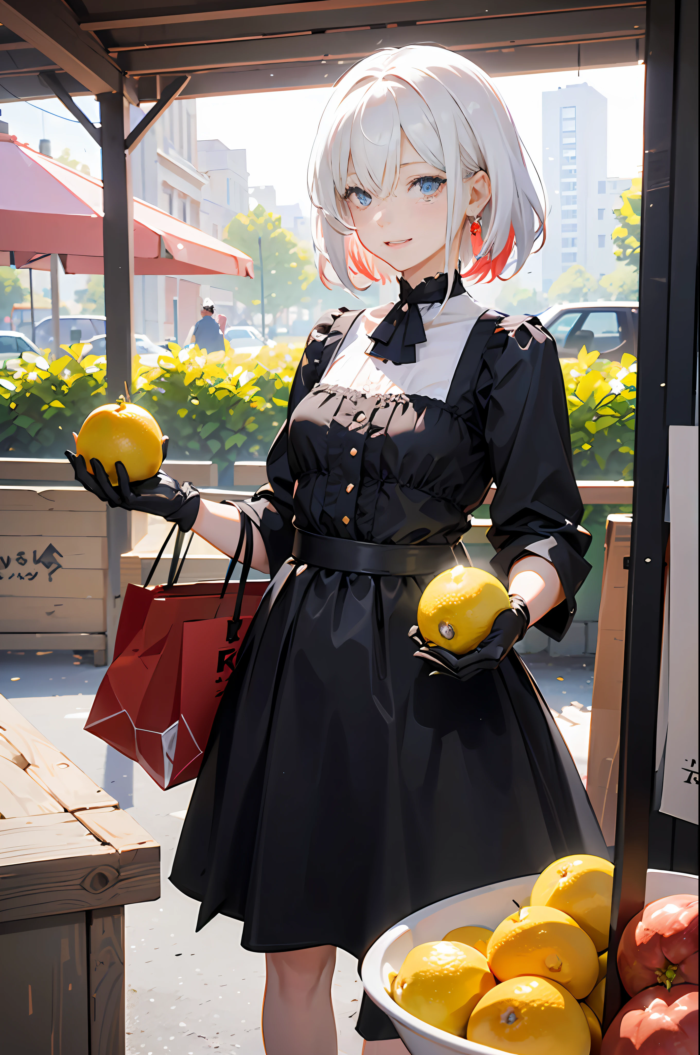 mash kyrielight, White hair, short hair, red eyes, girl, woman, female, little, child, 10 years old, medium hair, curly hair, bangs, eyes visible through hair, side braid, white and black hair, multicolored hair, red inner color, beautiful detailed Glass hair, delicate beautiful face, red pupils, fangs, smile, small_breasts, pale blue eyes, white skin, choker, gloves, nice hands, perfect hands, camisole, holding grapefruit, lemon, grapefruit, parted lips, blush, outdoors, skirt, earring, holding food, bang, in fruit market, Masterpiece, best quality, captures a super cute moment, depth of field, ultra detailed, ultra high resolution, C4D, Octadale, 3D modeling, 8k, 16k, more_details:-1, more_details:0, more_details:0.5, more_details:1, more_details:1.5