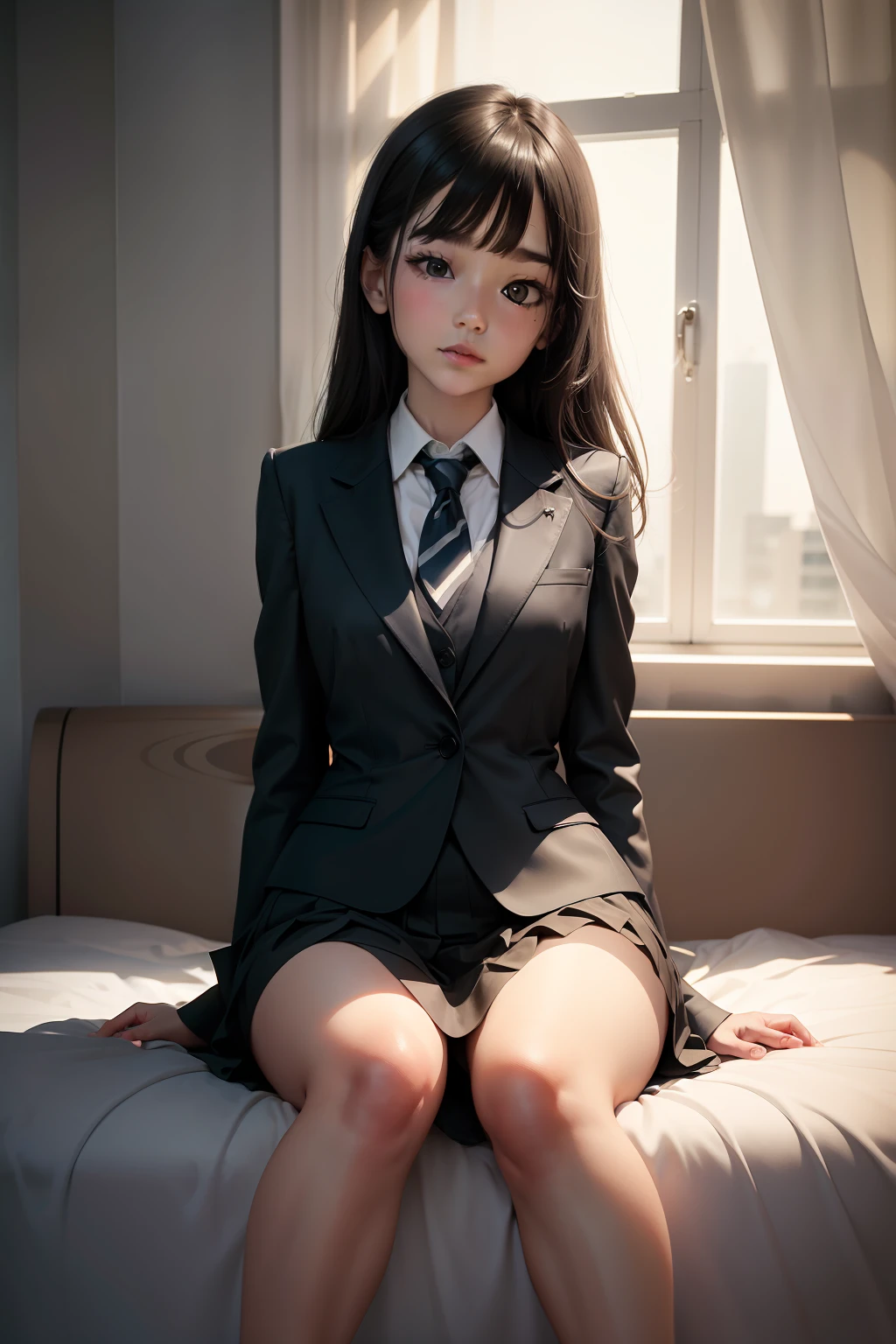 1girll,Sit on your knees on the bed,Cross ed leg,Soft light,Wear a suit that is all made of tulle and very transparent