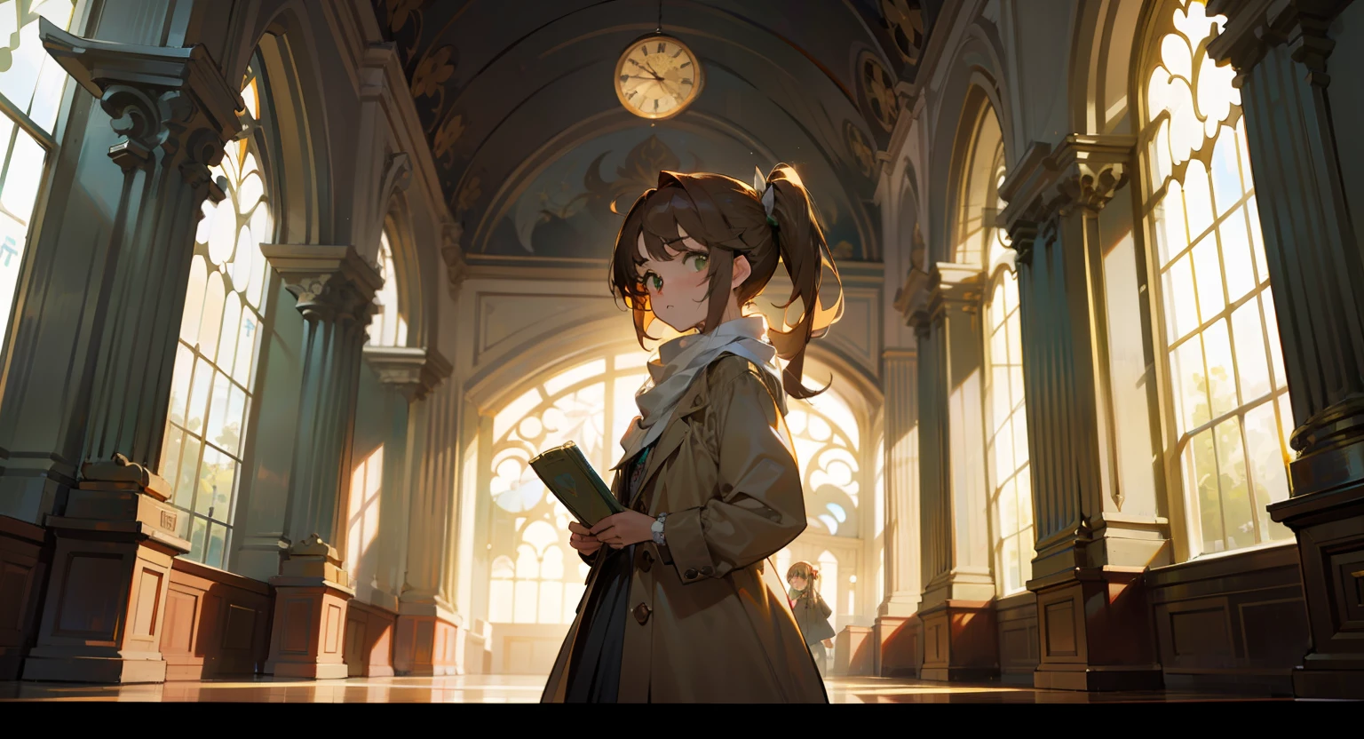 Small teenage girl,Green eyes,White scarf,Brown side ponytail,A look of fear,Eyes widened,darkened room,Contre-Jour,Ray traching,A hint of gold,Clocks that hang densely on the walls,Perspective drawing