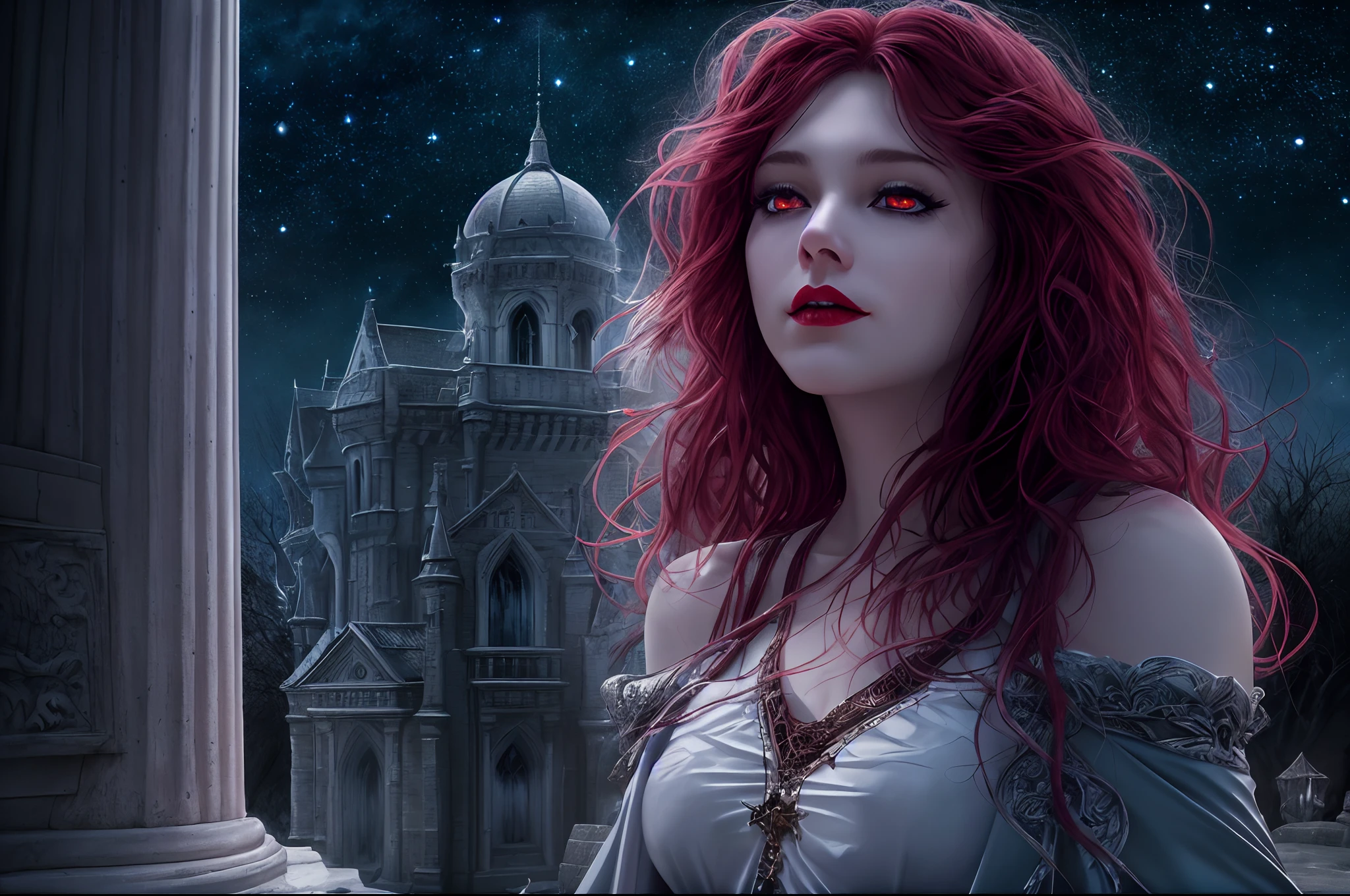 a picture of an exquisite beautiful female vampire standing under the starry night sky on the porch of her castle, full body (ultra detailed, Masterpiece, best quality), ultra detailed face (ultra detailed, Masterpiece, best quality), ultra feminine, grey skin, red hair, wavy hair, dynamic eyes color, cold eyes, glowing eyes, intense eyes, smirking, smile with [[drops of blood on face]] (ultra detailed, Masterpiece, best quality), dark red lips, [visible fangs], wearing white dress (ultra detailed, Masterpiece, best quality), blue cloak, long cloak, flowing cloak (ultra detailed, Masterpiece, best quality), high heeled boots [[in starry night sky]], sky full of stars background, moon, bats flying about, high details, best quality, 8k, [ultra detailed], masterpiece, best quality, (ultra detailed), full body, ultra wide shot, photorealism, dark fantasy art, dark fantasy art, gothic art, many stars, gothic art, sense of dread,