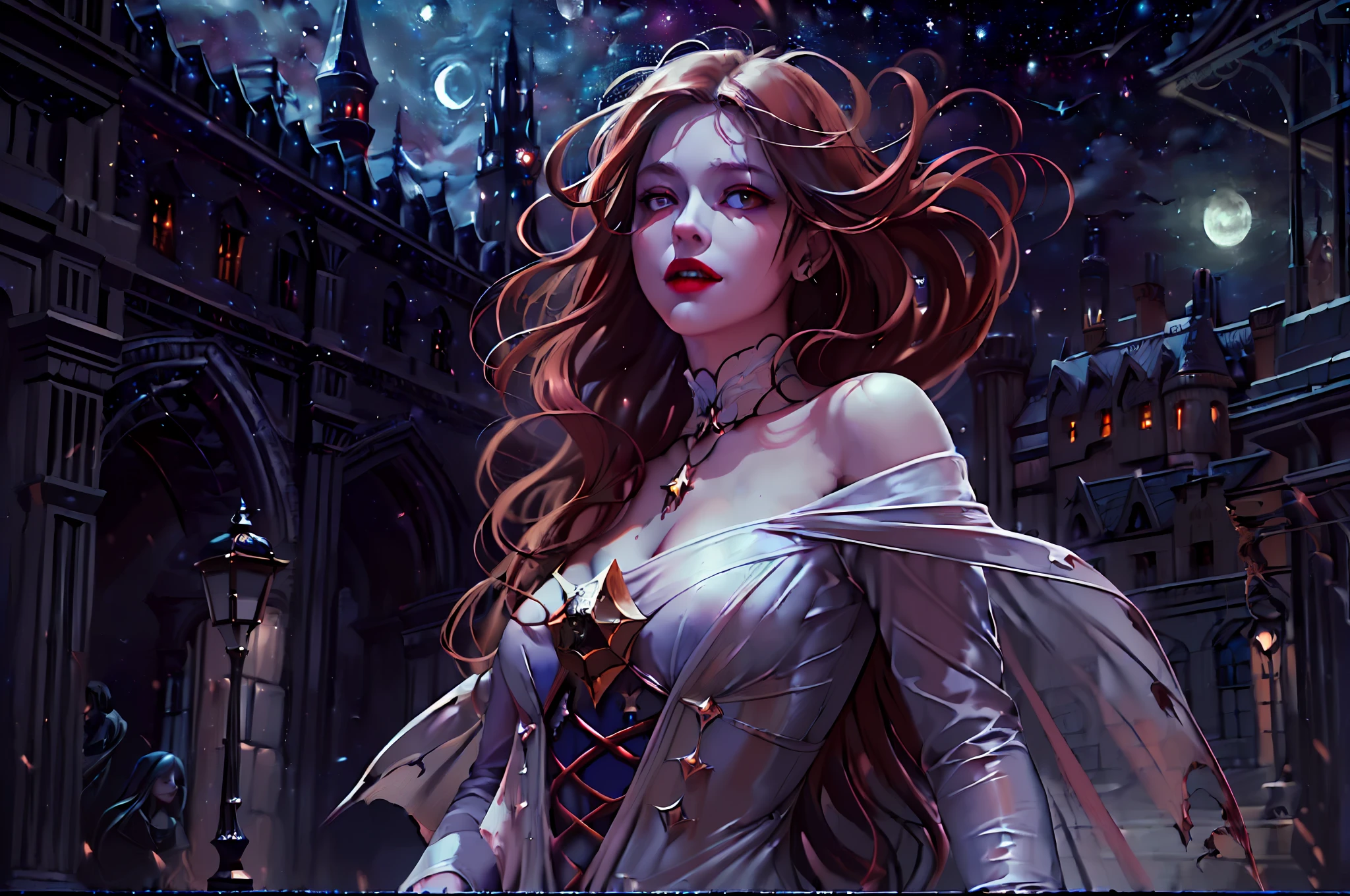 a picture of an exquisite beautiful female vampire standing under the starry night sky on the porch of her castle, full body (ultra detailed, Masterpiece, best quality), ultra detailed face (ultra detailed, Masterpiece, best quality), ultra feminine, grey skin, red hair, wavy hair, dynamic eyes color, cold eyes, glowing eyes, intense eyes, smirking, smile with [[drops of blood on face]], dark red lips, [fangs], wearing white dress (ultra detailed, Masterpiece, best quality), blue cloak (ultra detailed, Masterpiece, best quality), long cloak, flowing cloak (ultra detailed, Masterpiece, best quality), high heeled boots [[in starry night sky]], sky full of stars background, moon, bats flying about, high details, best quality, 8k, [ultra detailed], masterpiece, best quality, (ultra detailed), full body, ultra wide shot, photorealism, dark fantasy art, dark fantasy art, gothic art, many stars, gothic art, sense of dread,