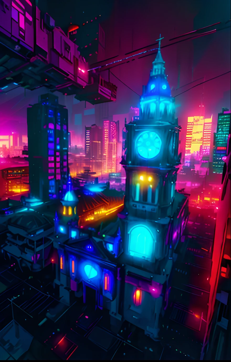 catedral, igreja cyberpunk, Futuristic construction, Neon light, Cyberpunk, Cyberpunk buildings in the background, fundo desfocado, UHD, detalhada