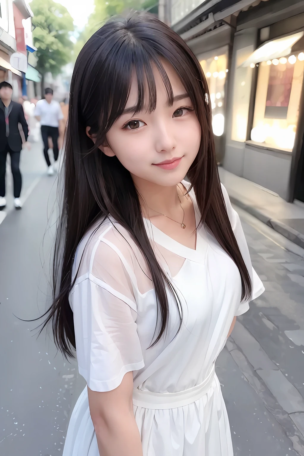 (8K、top-quality、​masterpiece:1.2)、(reallistic、Photorealsitic:1.37)、The ultra-detailliert、女の子1人、23years old、Medium chest、Beautie、Beautiful and perfect face、Natural smile、独奏、holiday、Bustling street、shopping、Redness of the nose、(A smile:1.15)、(With mouth closed) 、beautidful eyes、(long:1.2)、Floating hair 、Middle hair、