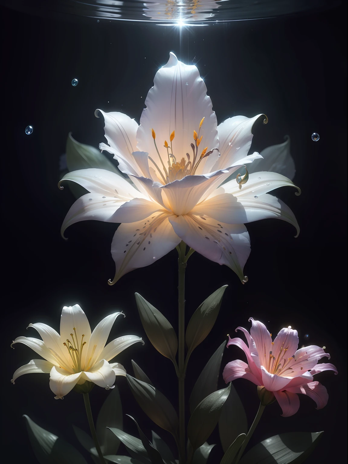 the space,fantasy,disarray, Record every gesture of life, Black background, large white roses