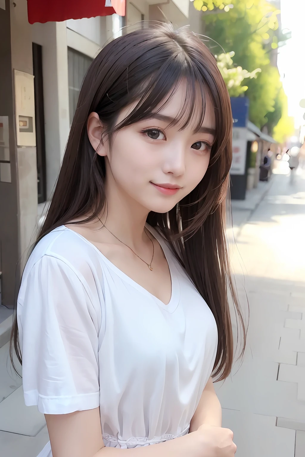 ​masterpiece, The highest image quality, hightquality, beautiful a girl, , Japan schoolgirl, Popular Korean Makeup, detaileds, Swollen eyes, detailedsな目, detailedsな肌, Beautiful skins, 超hight resolution, (现实:1.4), very extremely beautiful, Slightly younger face, Beautiful skins, slender, (A hyper-realistic), (illustratio), (hight resolution), (8K), (非常にdetaileds), (最高のillustratio), (美しくdetailedsな目), (超detaileds), (wall-), (detaileds顔), looking at the viewers, finely detail、detailedsな顔、pureerosfaceace_v1、a smile、Looking straight ahead、Looking straight aheale from waist up、life-like、Bright lighting、profetional lighting、A dark-haired(Some greenery)、length hair、Dark ruinig Red Moon、Gorgeous red and black dress、a matural female、long stylish bangs、