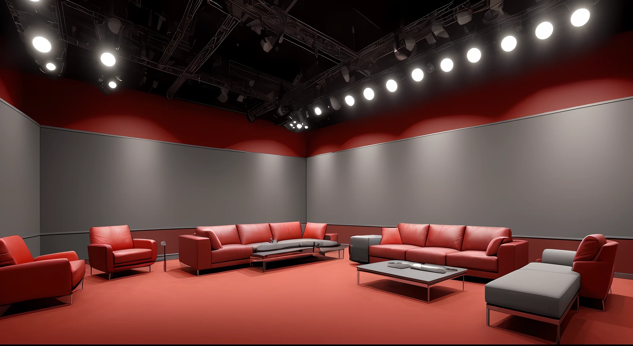 Best quality, ultra high res, (photorealistic:1.4), hdr, hyperdetailed. Empty studio. Syndicated talk show, spotlights, cameras. No furniture. The Oprah Show, Tabloid talk show, Sunday morning talk show, Jerry Springer show. A lot of space, red and grey colors in design, very rich production, many details, minimalistic furniture, cameras in the shadows, positive atmosphere,