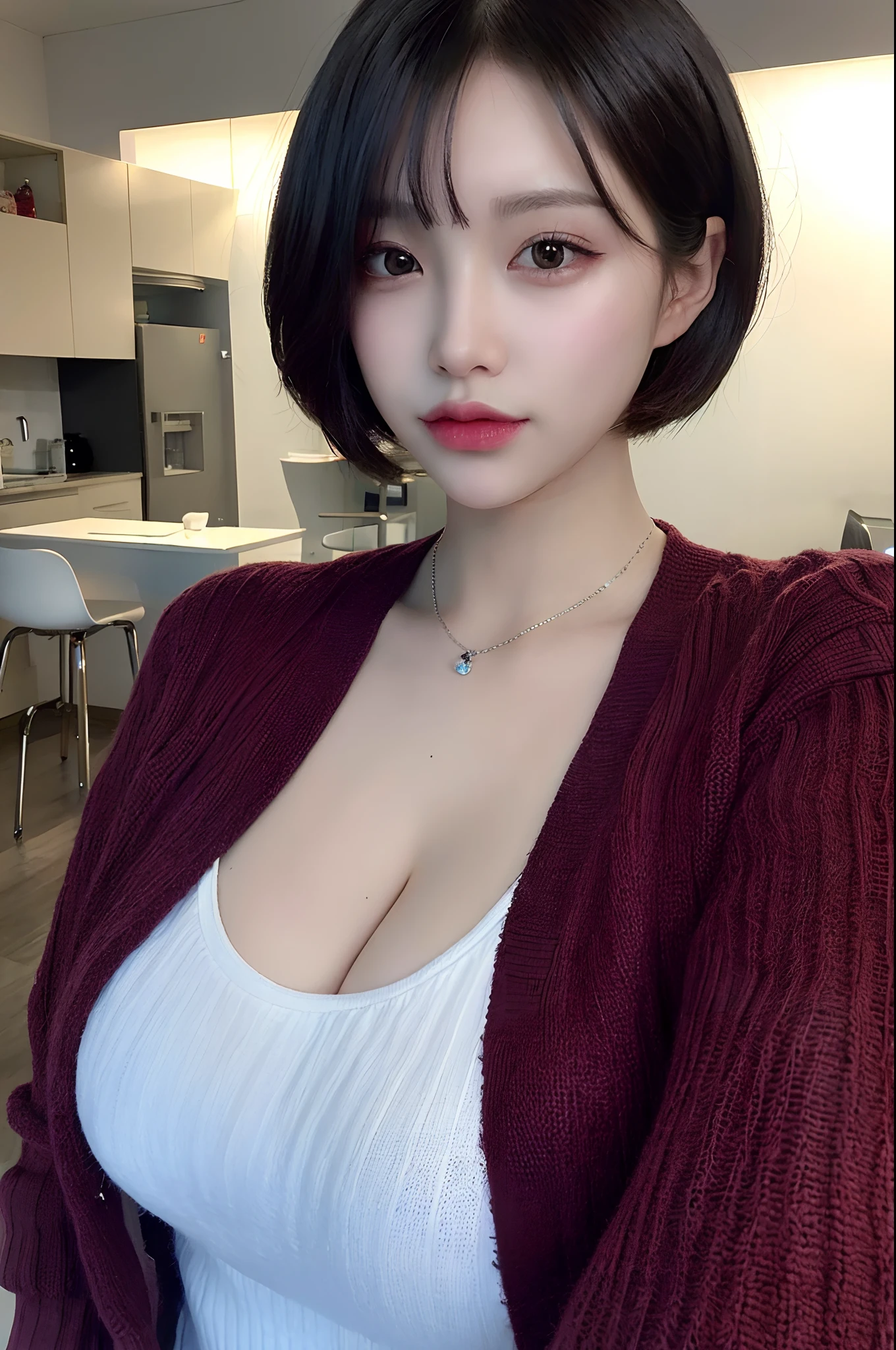 ((Top Quality, 8K, Masterpiece:1.3)), Detailed Woman:1.3, (Medium Shorthair, Big Breasts:1.2), Cardigan:1.1, Ultra Detailed, Detailed, Eyelids