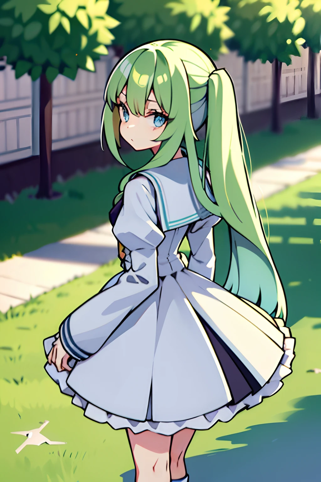 A young girl,green long hair,Blue eyes,Station back,White panty hose,JK school uniform,