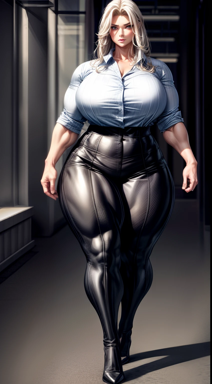 tmasterpiece,(Full body like:1.1),Burly woman,Exaggerated large muscles,walking pose,,Beautiful and charming Nordic woman face,Business shirts,hot pant,Stockings,Pointed-toe heels,1female,Thin waist,Very broad shoulders,Strong and powerful arms,Stout arms,Strong and powerful leg muscles,Very thick calves,long leges,looking to the camera