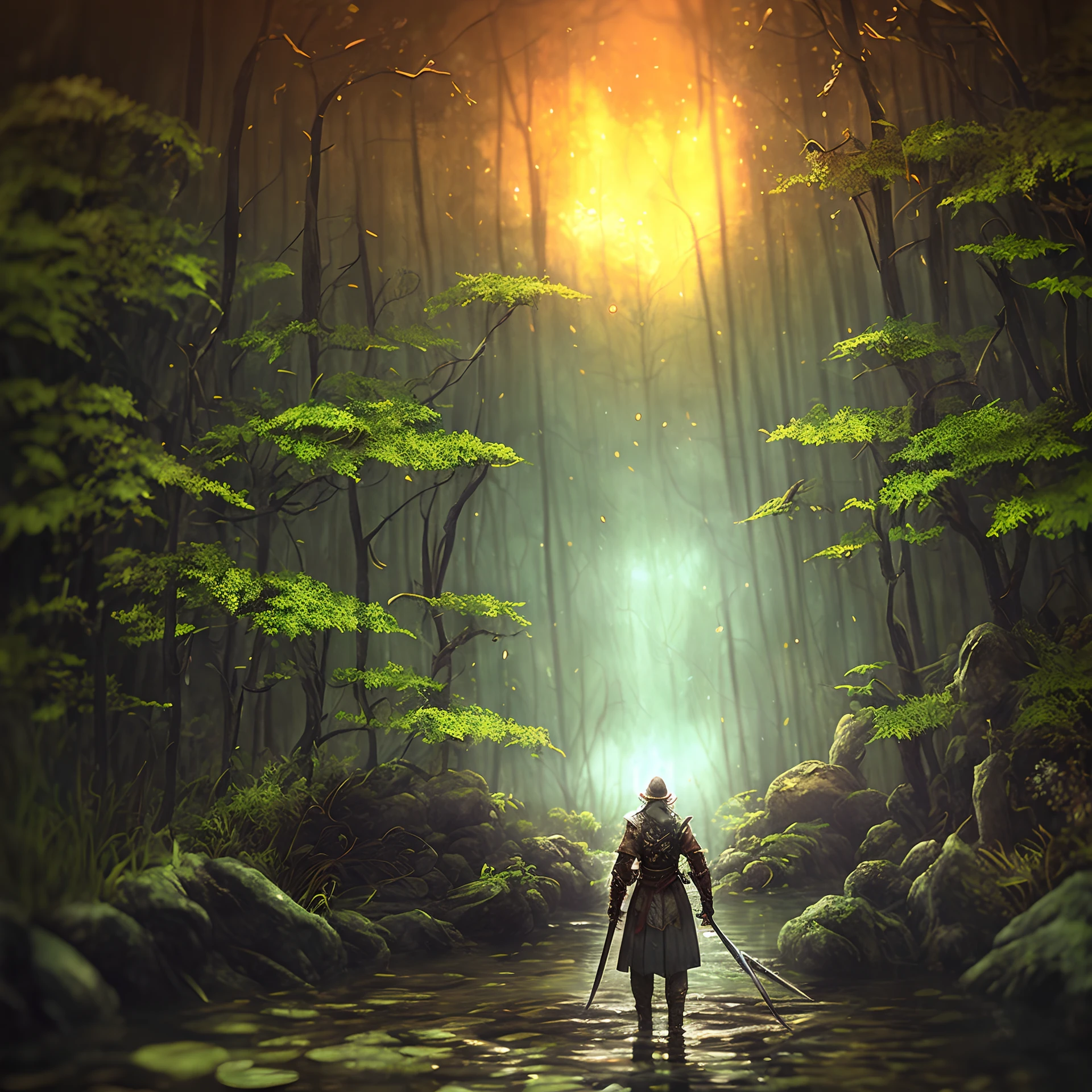 Hero character in the middle of a dark swamp, Personagem Dark Fire, sombrio, fire, marsh, darkeness, with sword in hand,Arte vetorial 3D, arte de fantasia, efeito aquarela, Bokeh, Adobe Illustrator, Hand drawn, pintura digital, soft lighting, isometric style, retro aesthetics, 4k resolution, usando o Cinema 4D, natural lighting, cinemactic, master part, altamente detalhado, intrincado, texturas extremas.