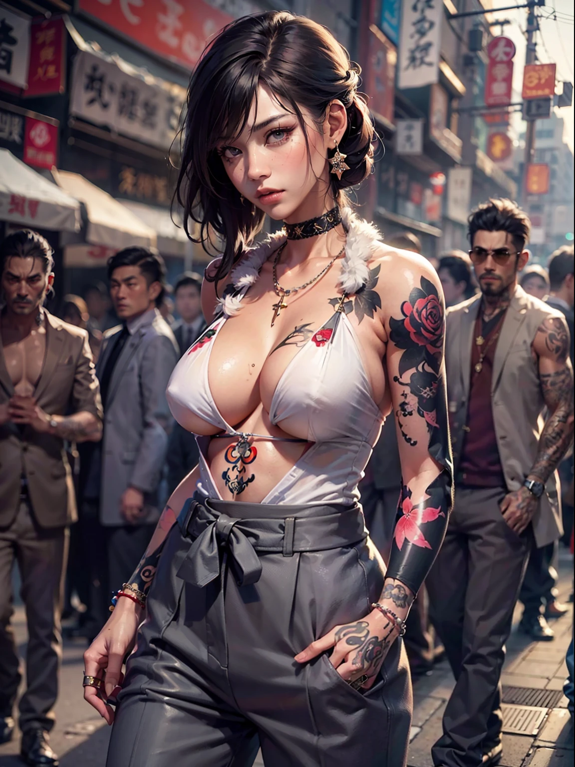 Yakuza heroine on the streets of Japan, A group of gang members stood behind,angry look,Mixed Korean,The background is blurred out,focal,电影灯光,(((tmasterpiece))), ((best qualtiy)), ((Complex and detailed)), ((ultra-realistic realism)), Ridiculous resolution, A MILF, Mature woman, ssee-through, highly detailed, illustratio, 1girll, (huge tit), Thin waist and thick hips,long leges,beatiful detailed eyes, short detailed hair, brunette color hair, a purple eye, (Gangster suit:1.2),Tattooed with,Large flower arms,Full of tattoos,Japanese yakuza,Kamami Yamaguchi,Japanese Yamaguchi-gumi,Japanese yakuza woman,The Underworld,Belly wrapping,full tattoo,Gangster boss,Lunette de soleil,Blood stained the streets,Gang boss,Scarred figure,Bloody violence,Sexy and feminine,(No underwear),pantiess, detailed back ground, perfect eyes, Seductive eye, looking at viewert,From the front,Wear light,
