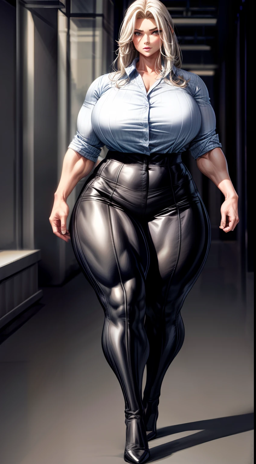 tmasterpiece,(Full body like:1.1),Burly woman,Exaggerated large muscles,walking pose,,Beautiful and charming Nordic woman face,Business shirts,hot pant,Stockings,Pointed-toe heels,1female,Thin waist,Very broad shoulders,Strong and powerful arms,Stout arms,Strong and powerful leg muscles,Very thick calves,long leges,looking to the camera