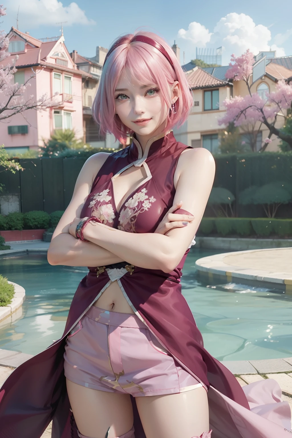 1girl, haruno sakura, short hair, sexy dress, pink hair, green eyes, smile, beautiful, pink clothes, very big breast, sexy clothes, outdoor background, ultra detail, realistic