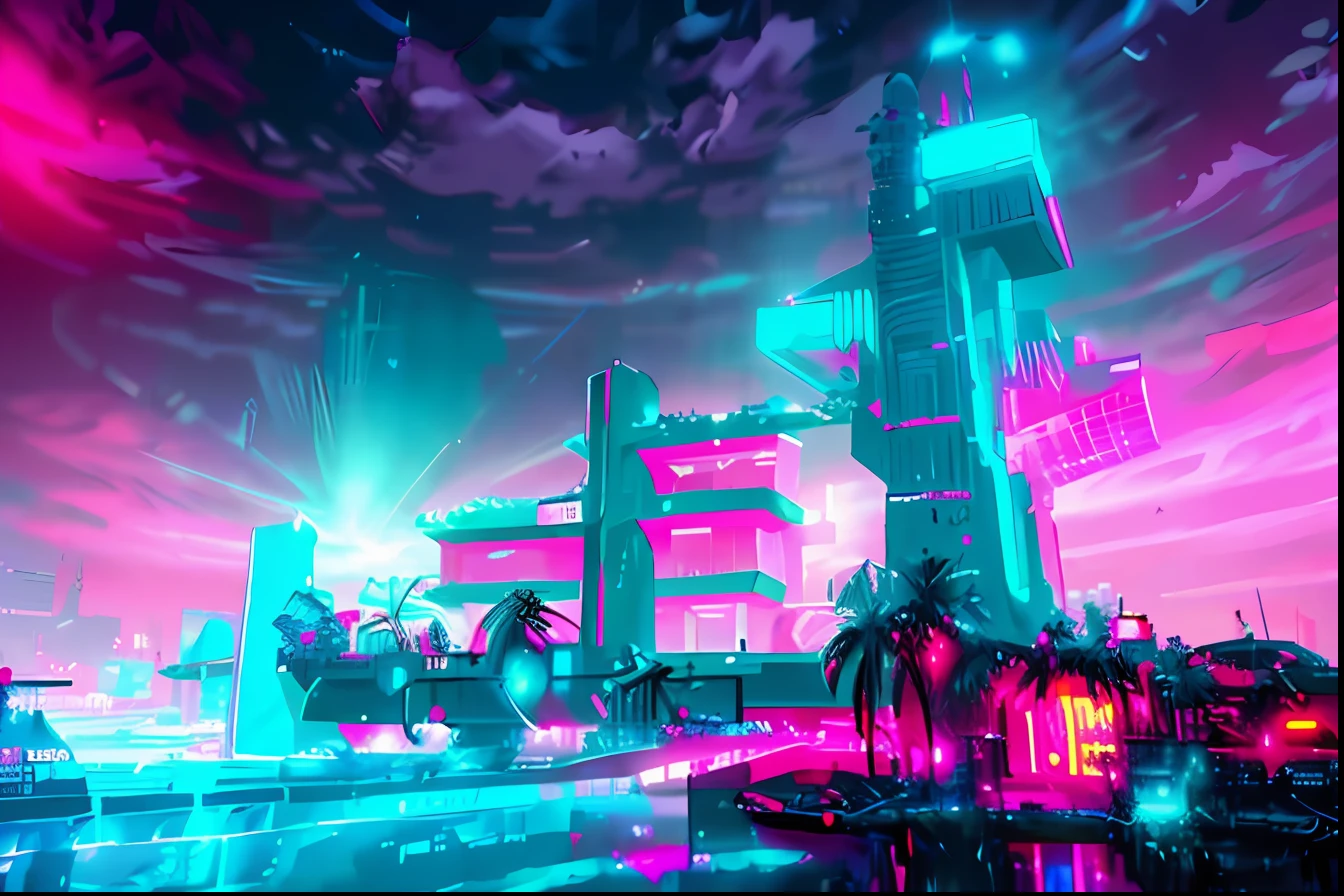 Futuristic construction, Neon light, Cyberpunk, predios cyberpunk ao fundo, fundo desfocado