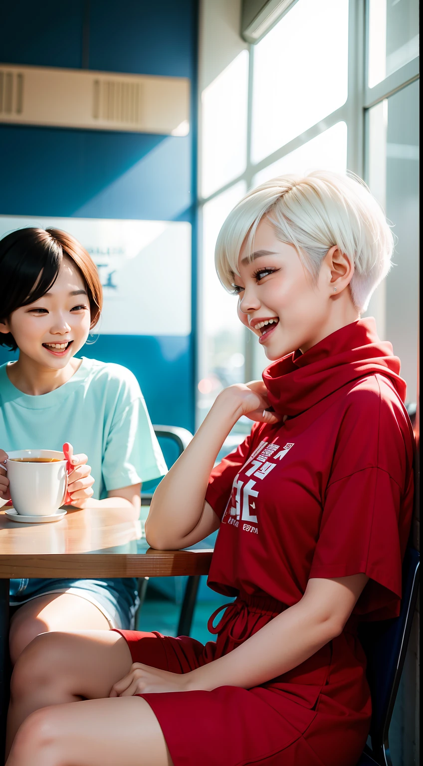 1 Korean girl with pixie short white hair wearing small cartoon tshirt and cotton shorts seating with 1 malay girl wearing red pastel shift dress and shawl hijab, chatting and laughing, morning, location ; modern cafe with crowd background, blur background, ray lighting, professional photography,
