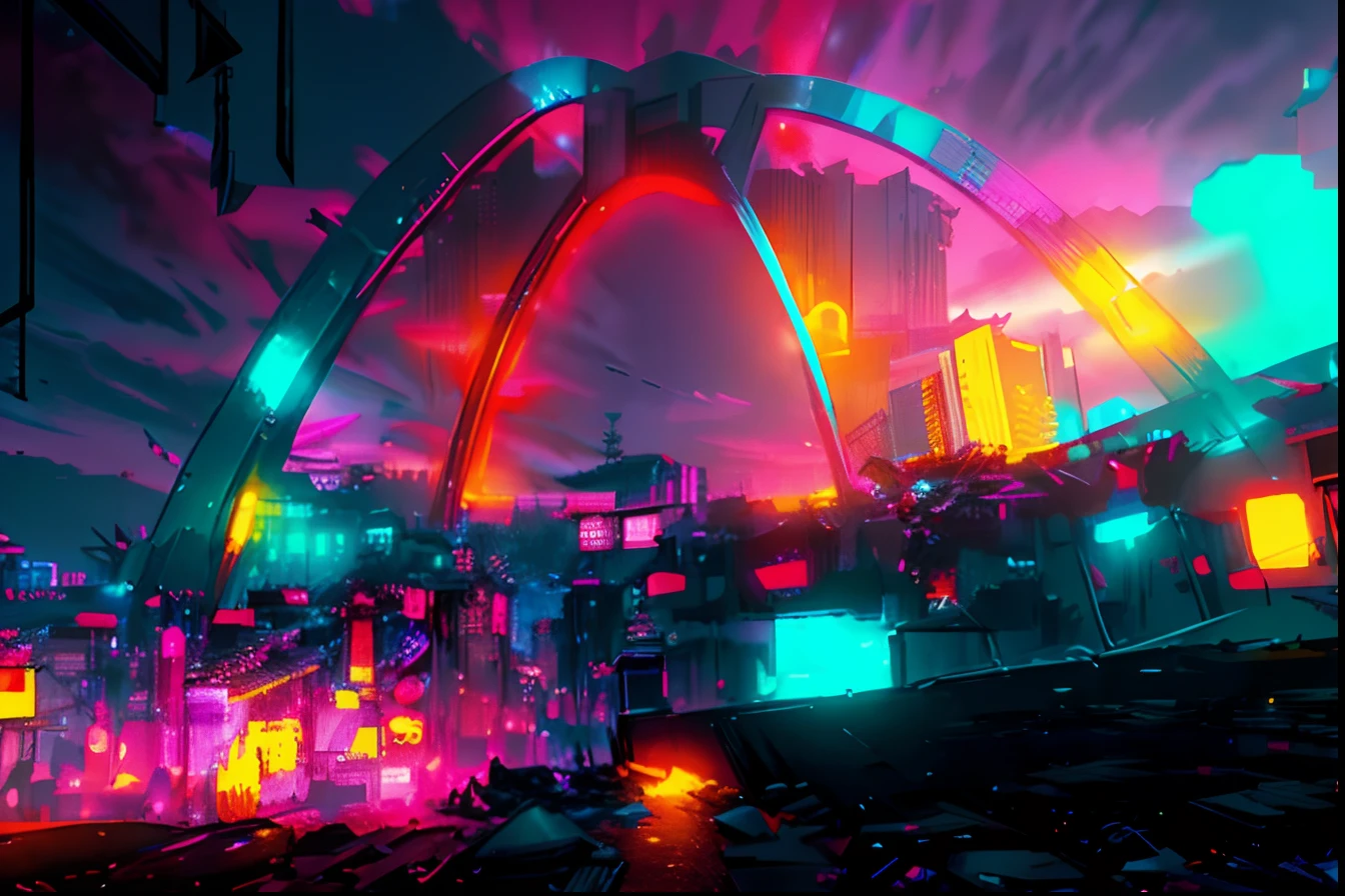 Futuristic construction, Neon light, Cyberpunk, predios cyberpunk ao fundo, fundo desfocado