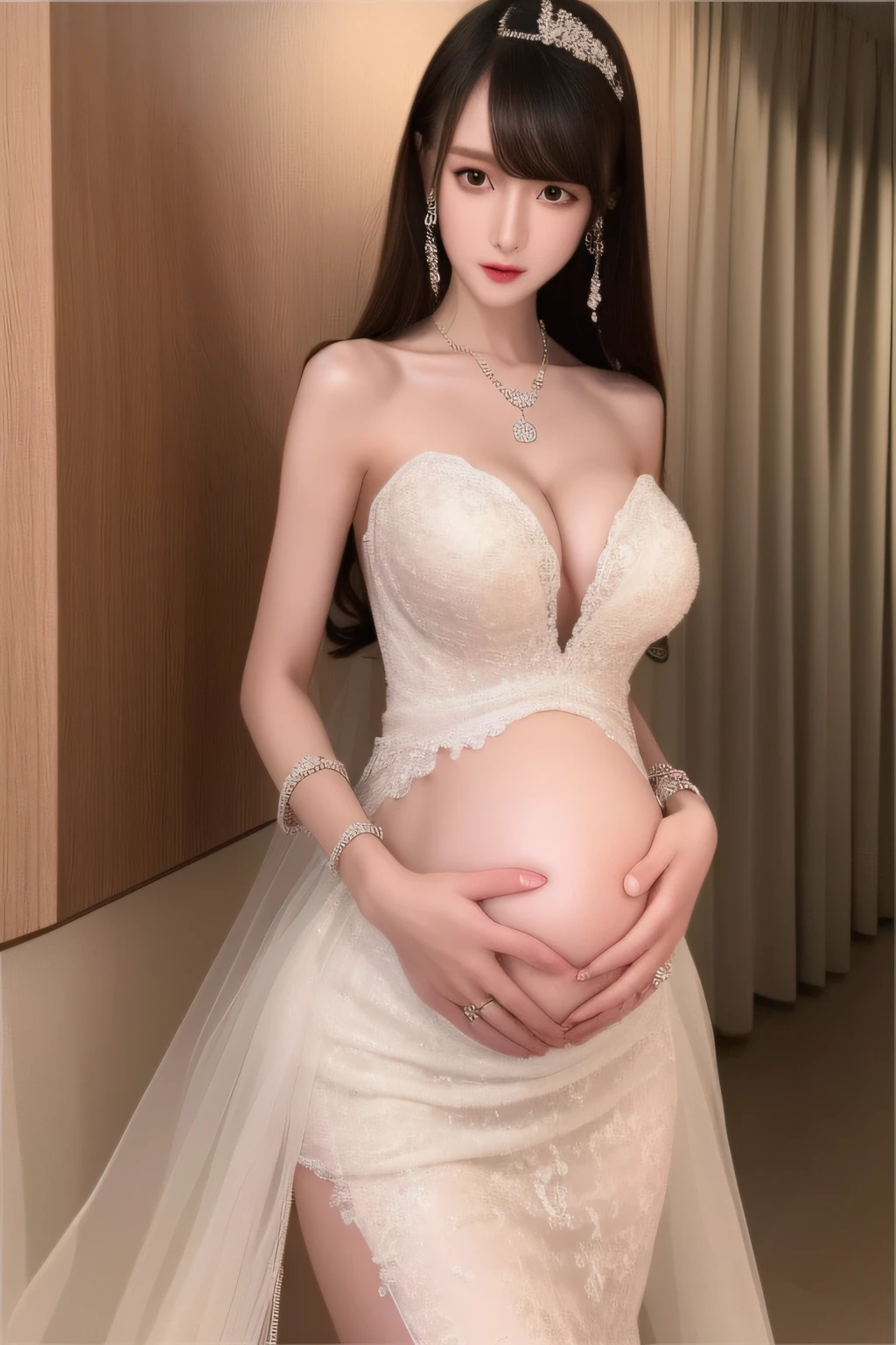 Best quality, (真实感:1.2), Single photo, 独奏, shiny skins, A detailed face, Face focus, Black hair ，(looking at viewert:1.5), 黑The eye, Bare shoulders， Sexy wedding dress，Gorgeous wedding dress，（photore：0.8），legs separated，Pubic hair shows through， Bare upper body，breast enhancement，Slimming the waist，Beautifully embroidered sexy and gorgeous wedding dress，Decorated with beautifully embroidered wedding dresses，（huge tit：1.4），Pregnant woman， pregnant belly，Eight months pregnant，nakeness，revealing her belly