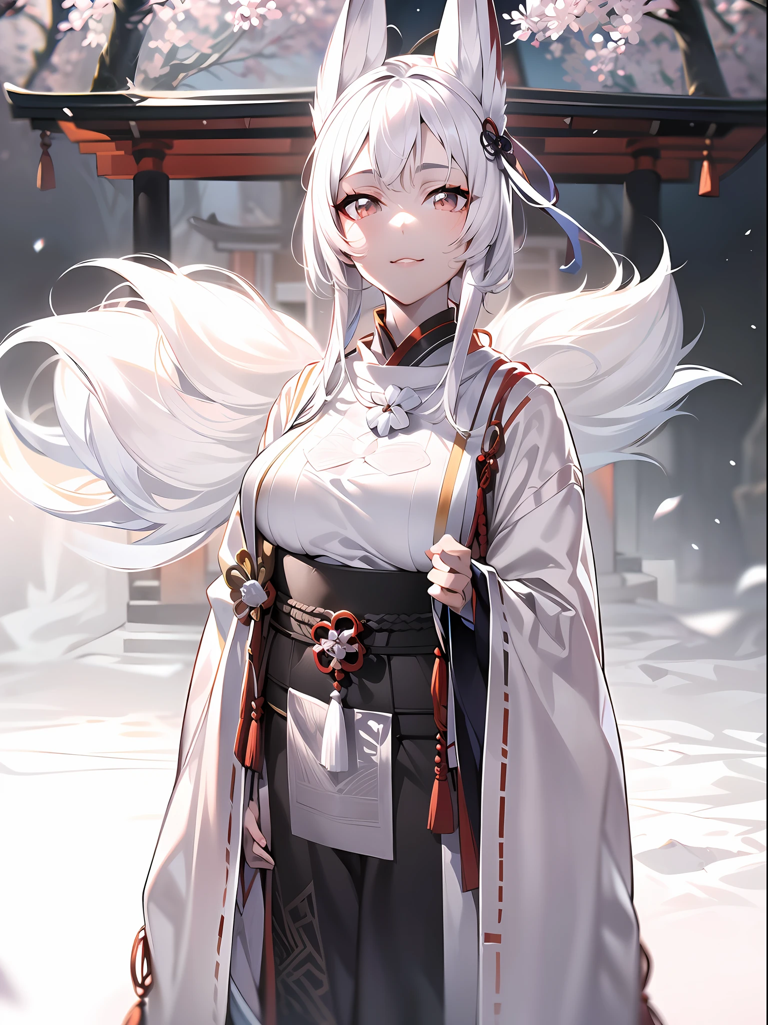 professional lighting,jpn,1girl in,((onmyouji)),18 year old beautiful woman,((((white Fox ears)))),(Luminescent clothing),(long shiny white hair),(Bushy white tail),nice hands, perfect hands,((An ancient shrine surrounded by giant white trees that emit light with pale light)),(((A white fox girl staring at us in the center of a shrine stage surrounded by pale light))),((Floating light spot)),((((God Light)))),((from front)),(face forcus),((cowboy shot))