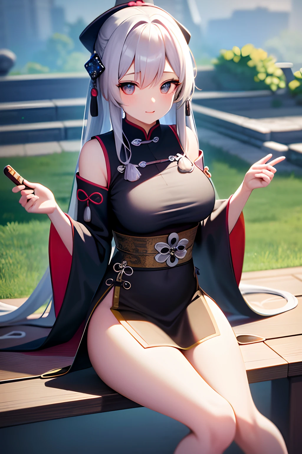 white hair, bangs, blunt bangs, cat hair ornament, mole under eye, cat ears, red lips, doyagao, smiley, seductive smile, anime style, anime, ray tracing, drop shadow, from outside, perspective, best quality，A beautiful girl sitting on a chair，Holding a fan in his hand，Huge ，Wearing a white cheongsam，Top view，You can see the whole body，Center the character，High heels on the feet