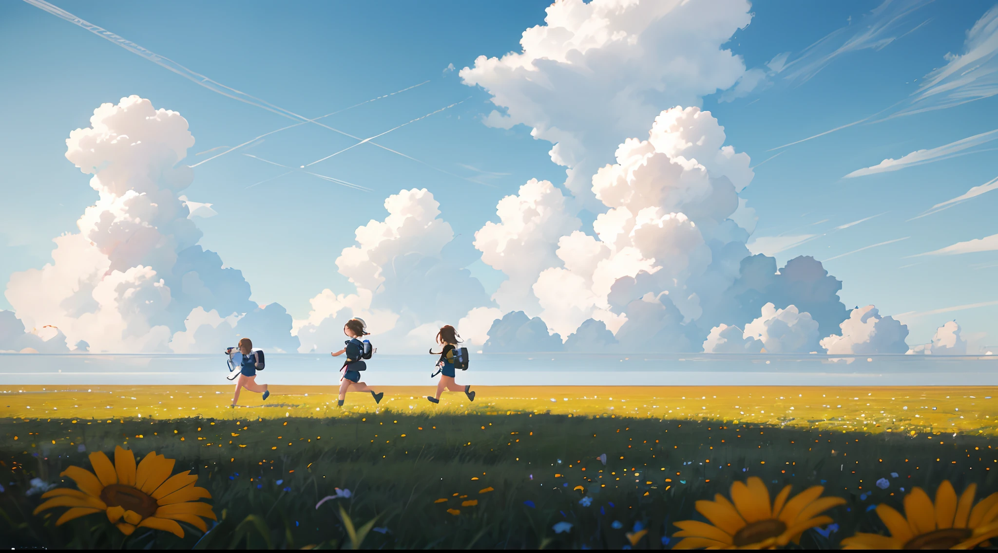 "Imagine that，The vast expanse of summer grasslands is breathtaking，Under vast large clouds，Only a few small flowers bloom，Thanks to ray tracing technology，All of this is captured in stunning hyper-detail。Let the surrealism of deep-field focus bokeh captivate you，Illuminated by the soft light of the blue sky，Plus hot weather，There was a group of small children running with backpacks on their backs，Make the scene feel truly like a movie。To enhance this experience，Please enable 8K details for ultimate viewing pleasure。
